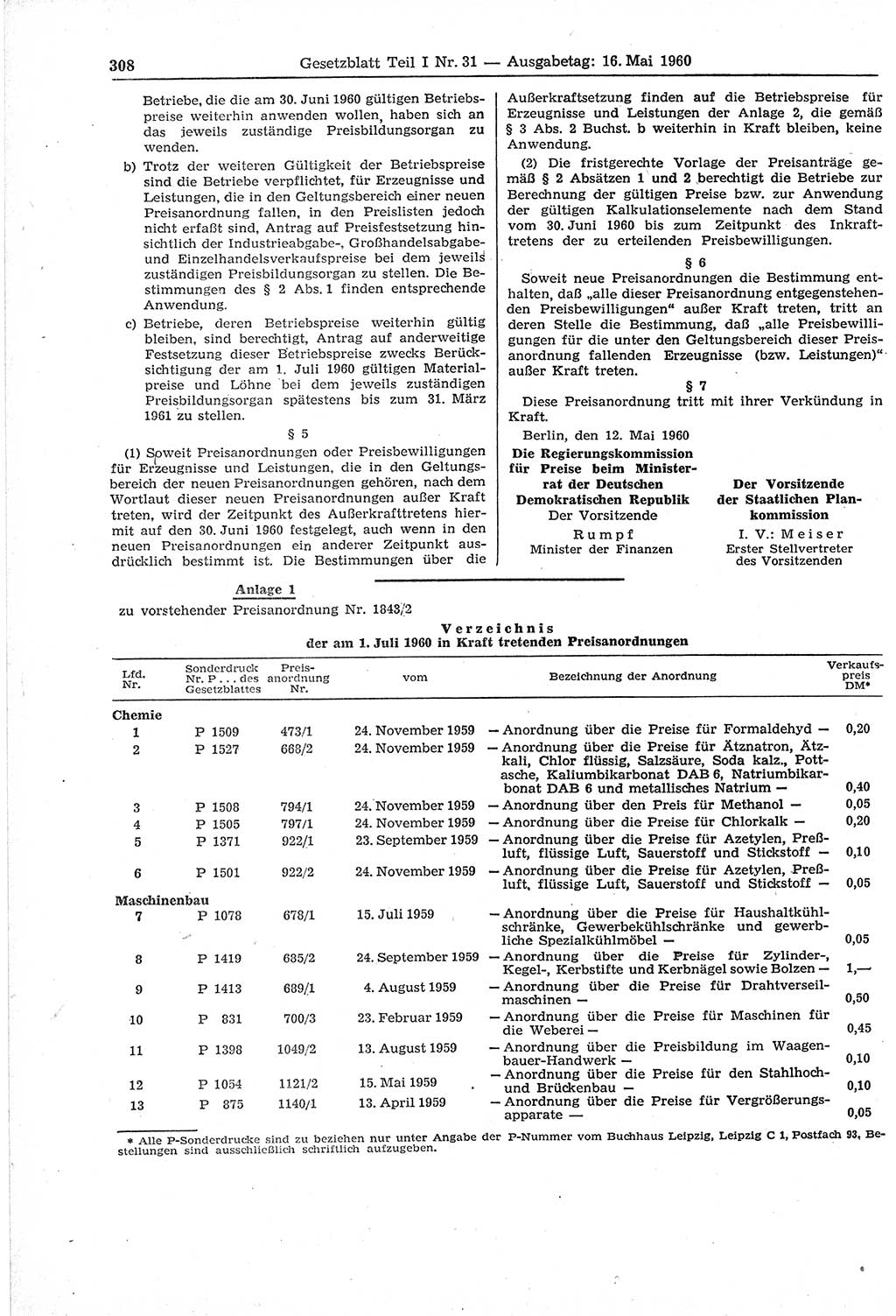 Gesetzblatt (GBl.) der Deutschen Demokratischen Republik (DDR) Teil Ⅰ 1960, Seite 308 (GBl. DDR Ⅰ 1960, S. 308)