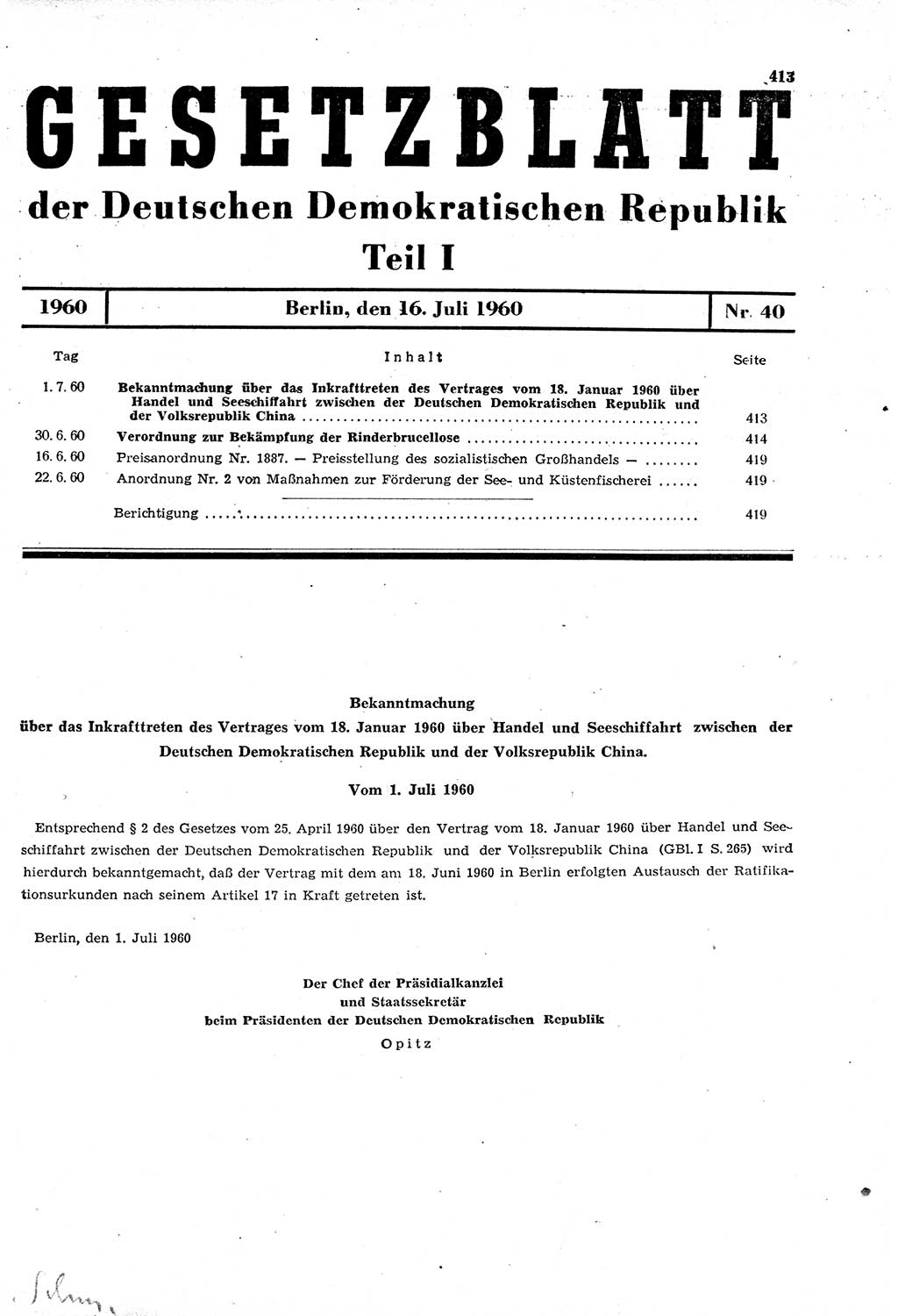 Gesetzblatt (GBl.) der Deutschen Demokratischen Republik (DDR) Teil Ⅰ 1960, Seite 413 (GBl. DDR Ⅰ 1960, S. 413)