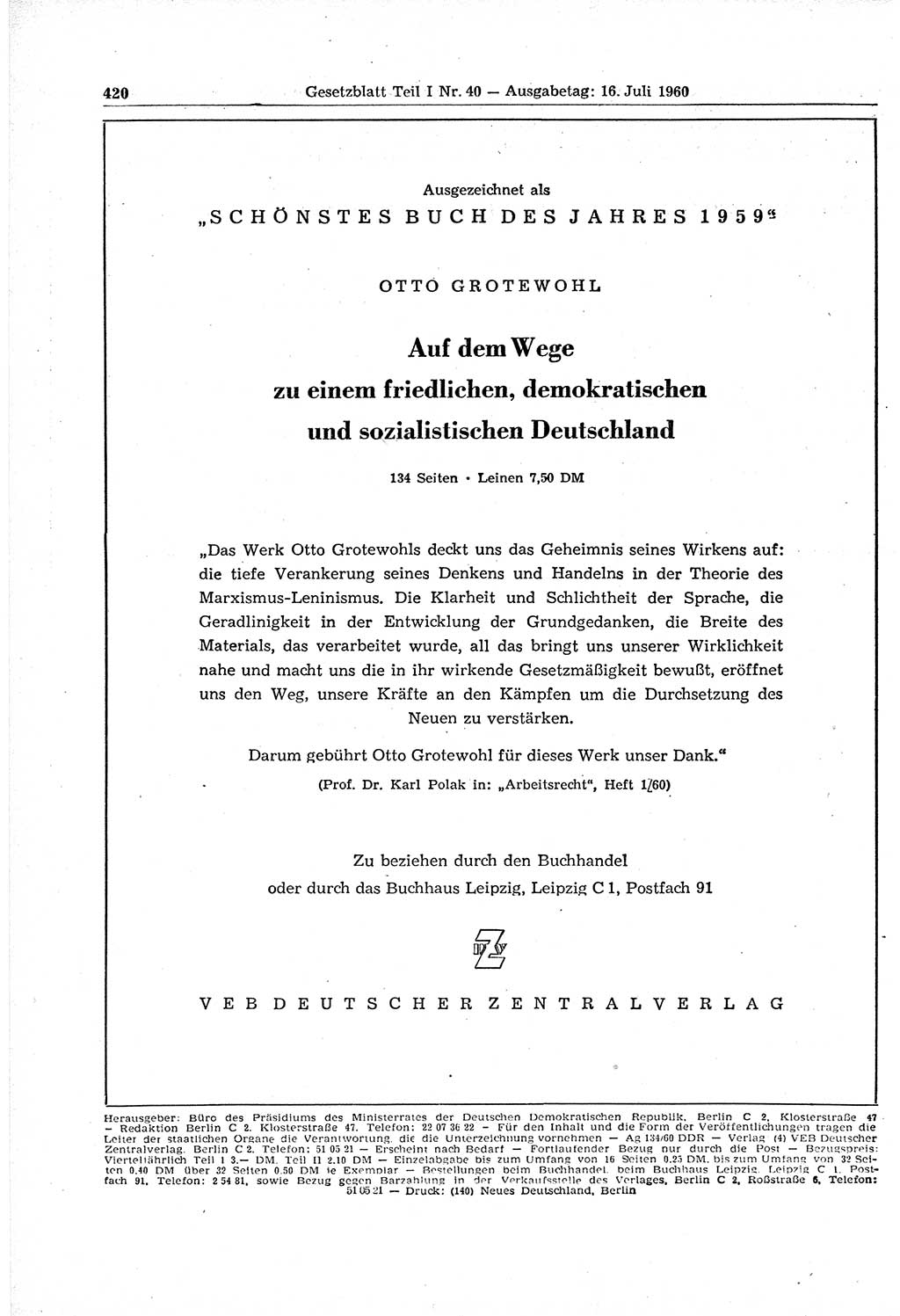 Gesetzblatt (GBl.) der Deutschen Demokratischen Republik (DDR) Teil Ⅰ 1960, Seite 420 (GBl. DDR Ⅰ 1960, S. 420)
