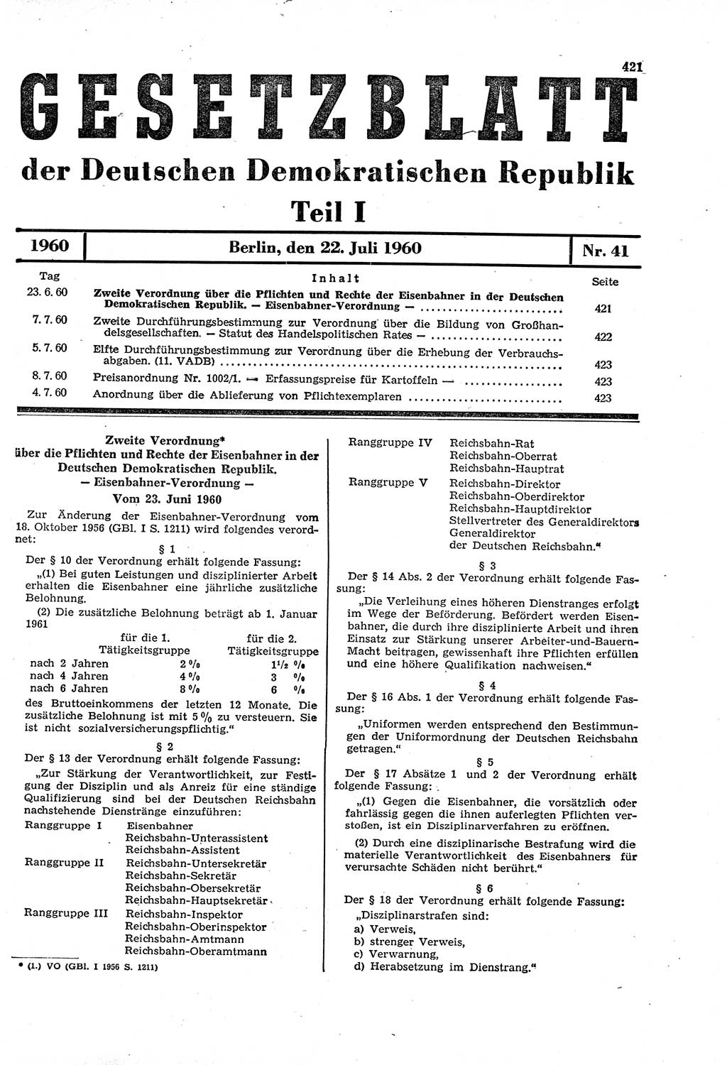 Gesetzblatt (GBl.) der Deutschen Demokratischen Republik (DDR) Teil Ⅰ 1960, Seite 421 (GBl. DDR Ⅰ 1960, S. 421)