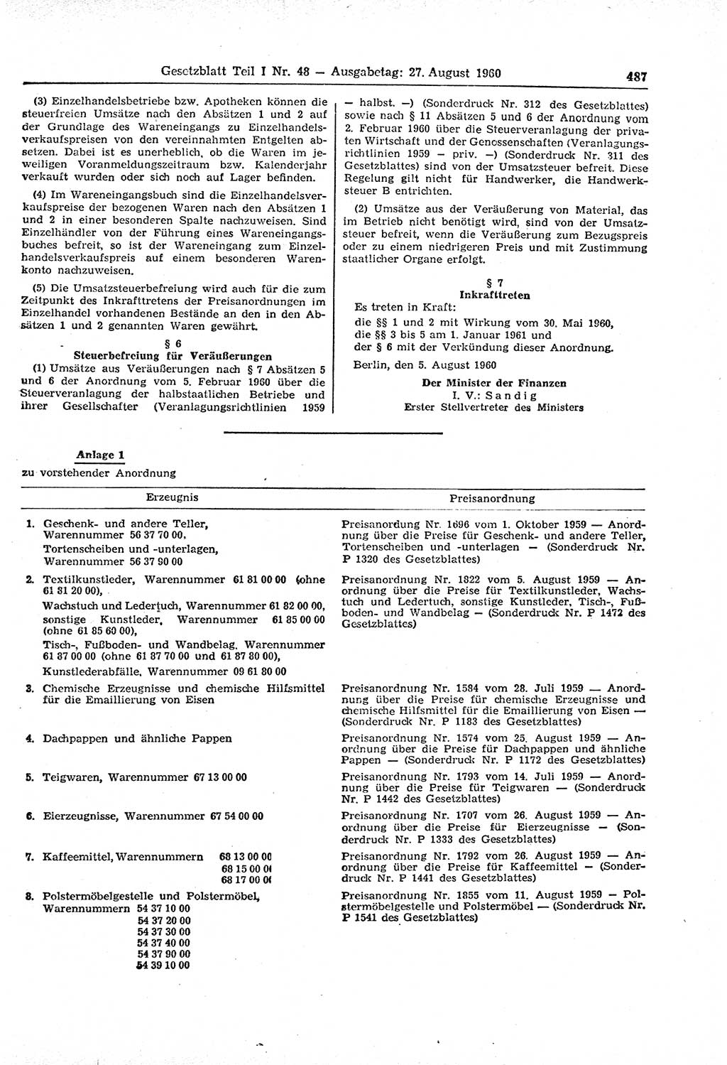 Gesetzblatt (GBl.) der Deutschen Demokratischen Republik (DDR) Teil Ⅰ 1960, Seite 487 (GBl. DDR Ⅰ 1960, S. 487)
