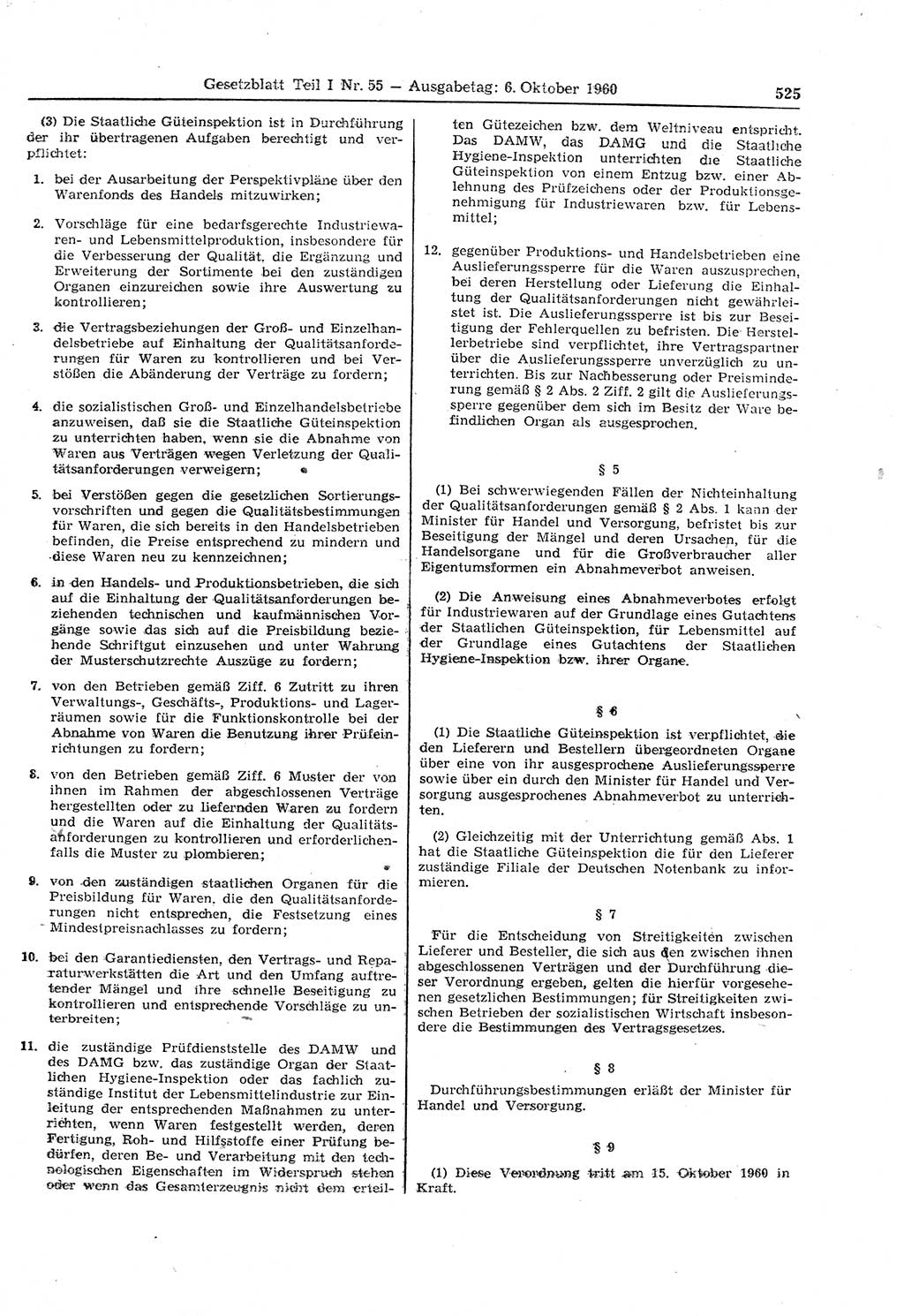 Gesetzblatt (GBl.) der Deutschen Demokratischen Republik (DDR) Teil Ⅰ 1960, Seite 525 (GBl. DDR Ⅰ 1960, S. 525)