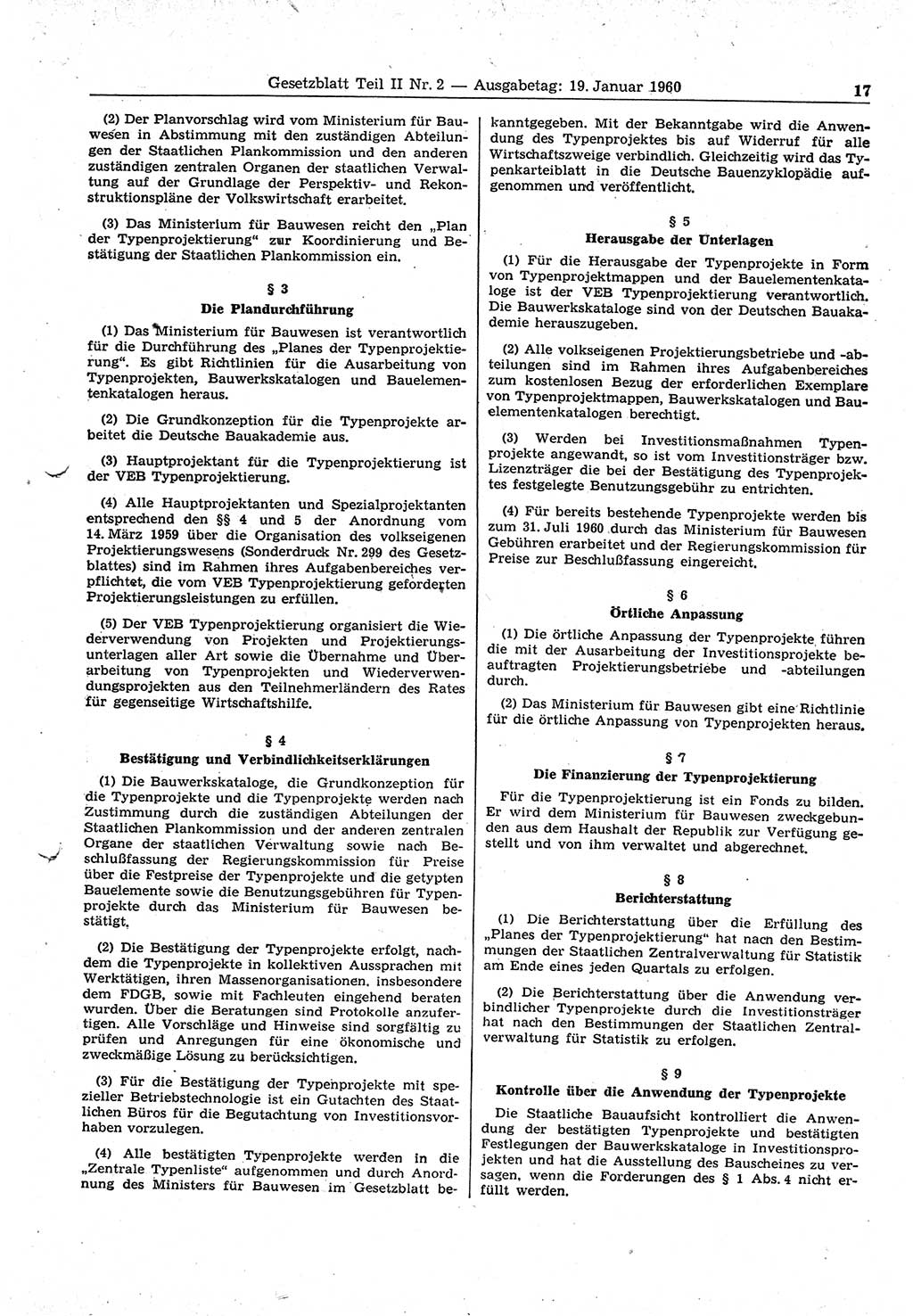 Gesetzblatt (GBl.) der Deutschen Demokratischen Republik (DDR) Teil ⅠⅠ 1960, Seite 17 (GBl. DDR ⅠⅠ 1960, S. 17)