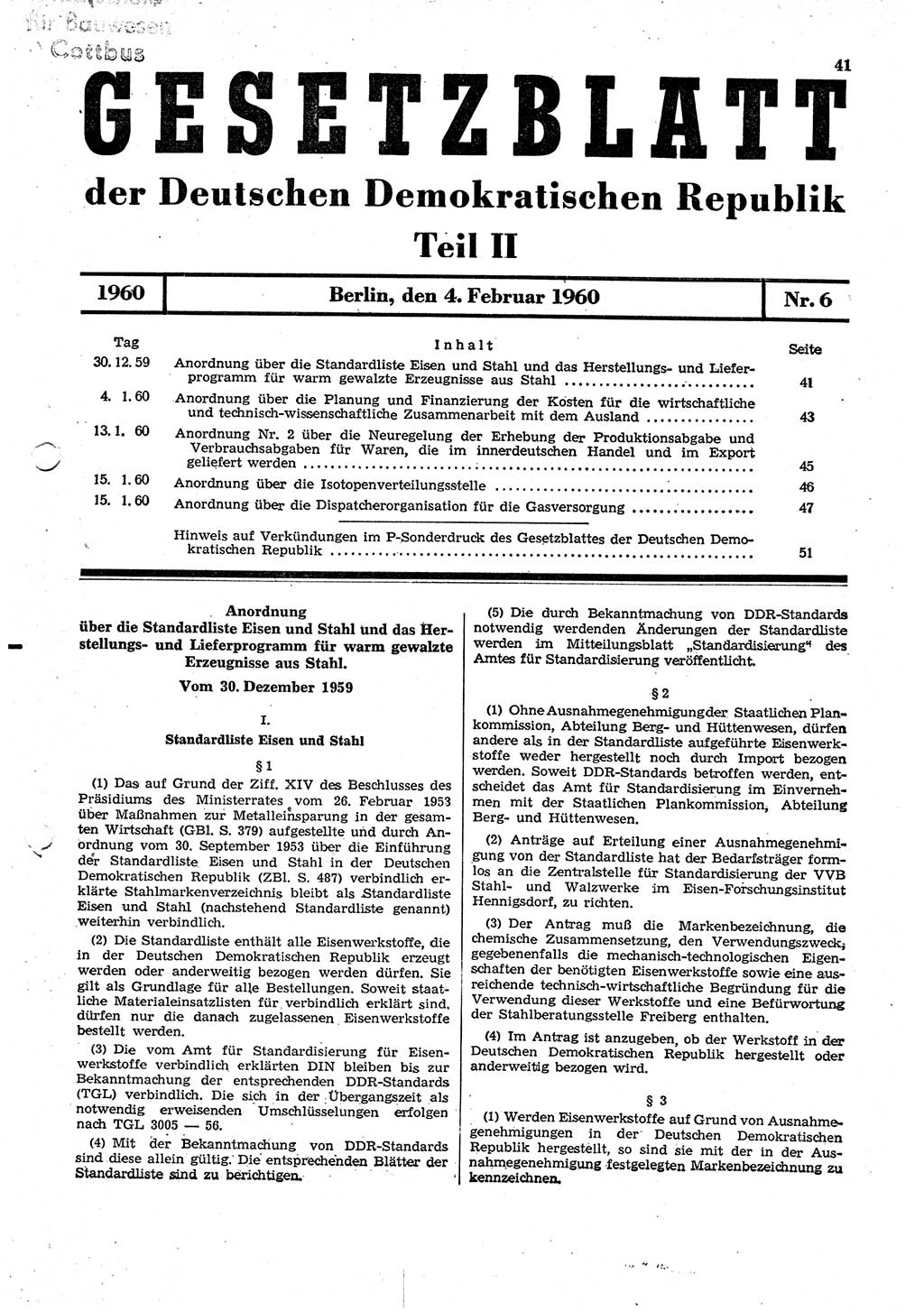 Gesetzblatt (GBl.) der Deutschen Demokratischen Republik (DDR) Teil ⅠⅠ 1960, Seite 41 (GBl. DDR ⅠⅠ 1960, S. 41)