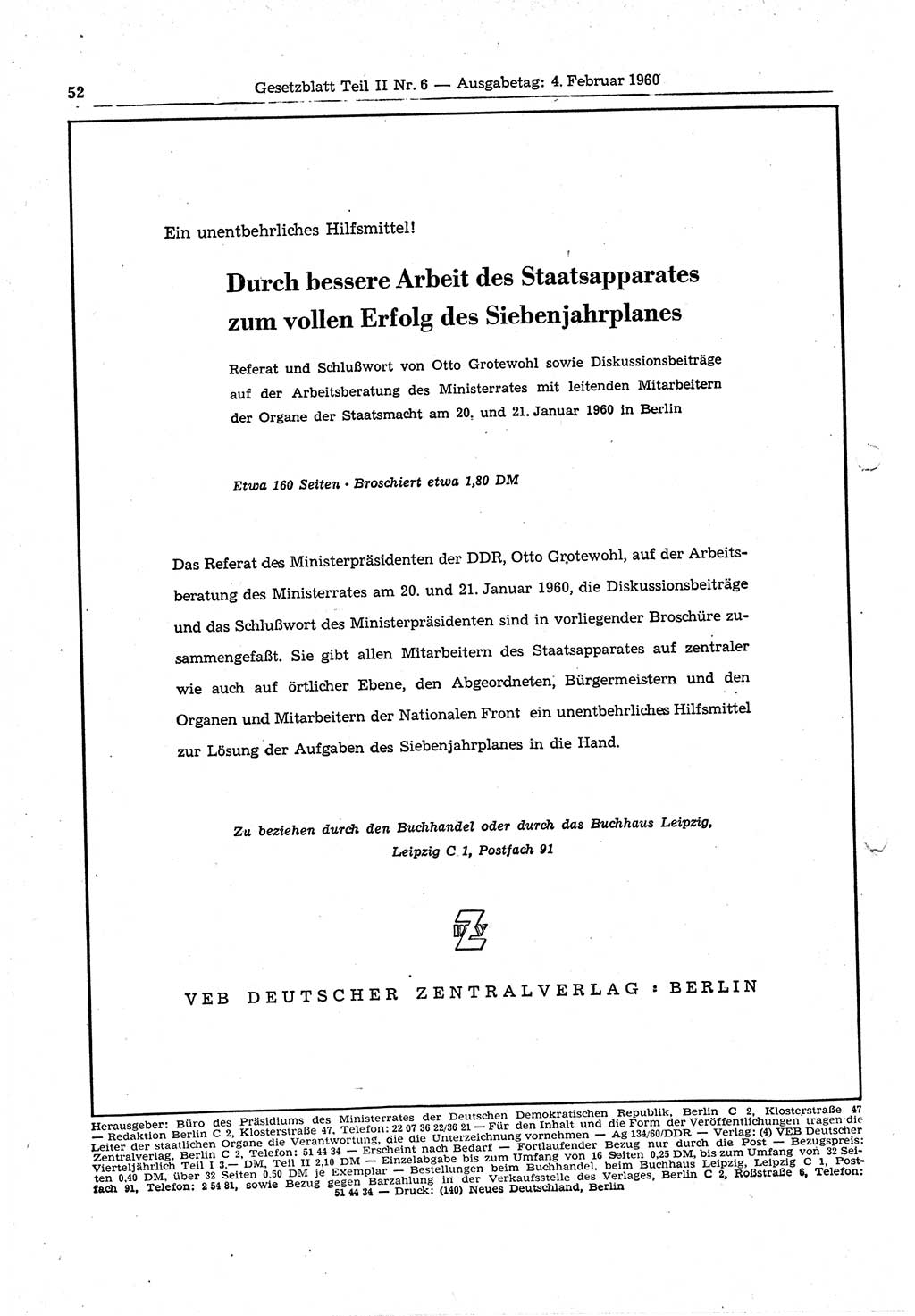Gesetzblatt (GBl.) der Deutschen Demokratischen Republik (DDR) Teil ⅠⅠ 1960, Seite 52 (GBl. DDR ⅠⅠ 1960, S. 52)