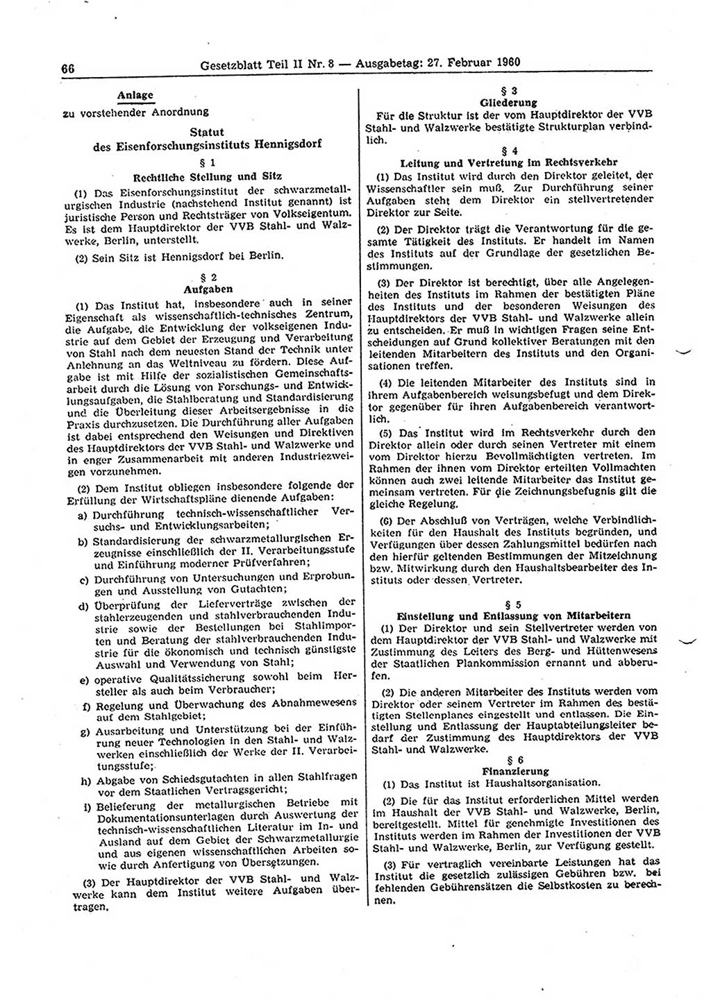 Gesetzblatt (GBl.) der Deutschen Demokratischen Republik (DDR) Teil ⅠⅠ 1960, Seite 66 (GBl. DDR ⅠⅠ 1960, S. 66)