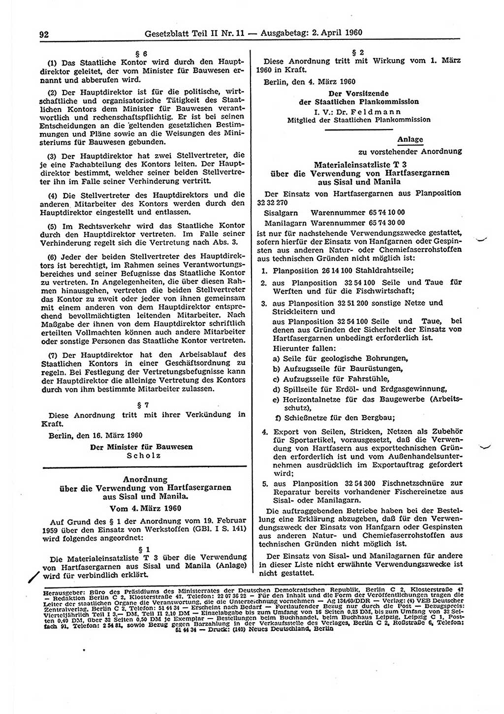 Gesetzblatt (GBl.) der Deutschen Demokratischen Republik (DDR) Teil ⅠⅠ 1960, Seite 92 (GBl. DDR ⅠⅠ 1960, S. 92)