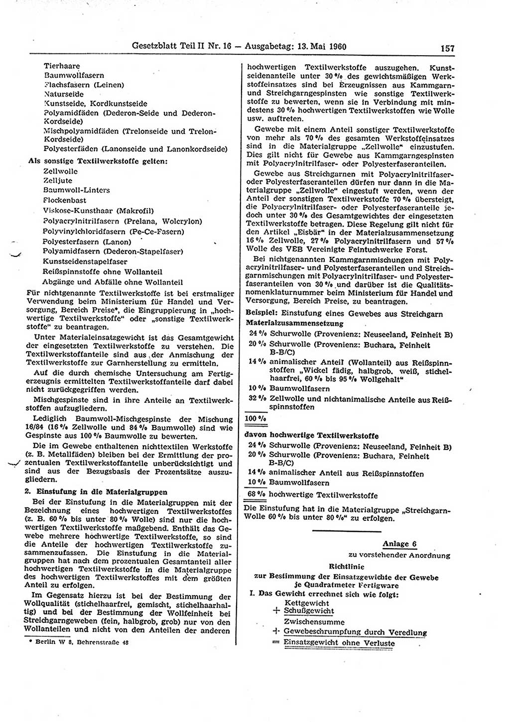 Gesetzblatt (GBl.) der Deutschen Demokratischen Republik (DDR) Teil ⅠⅠ 1960, Seite 157 (GBl. DDR ⅠⅠ 1960, S. 157)