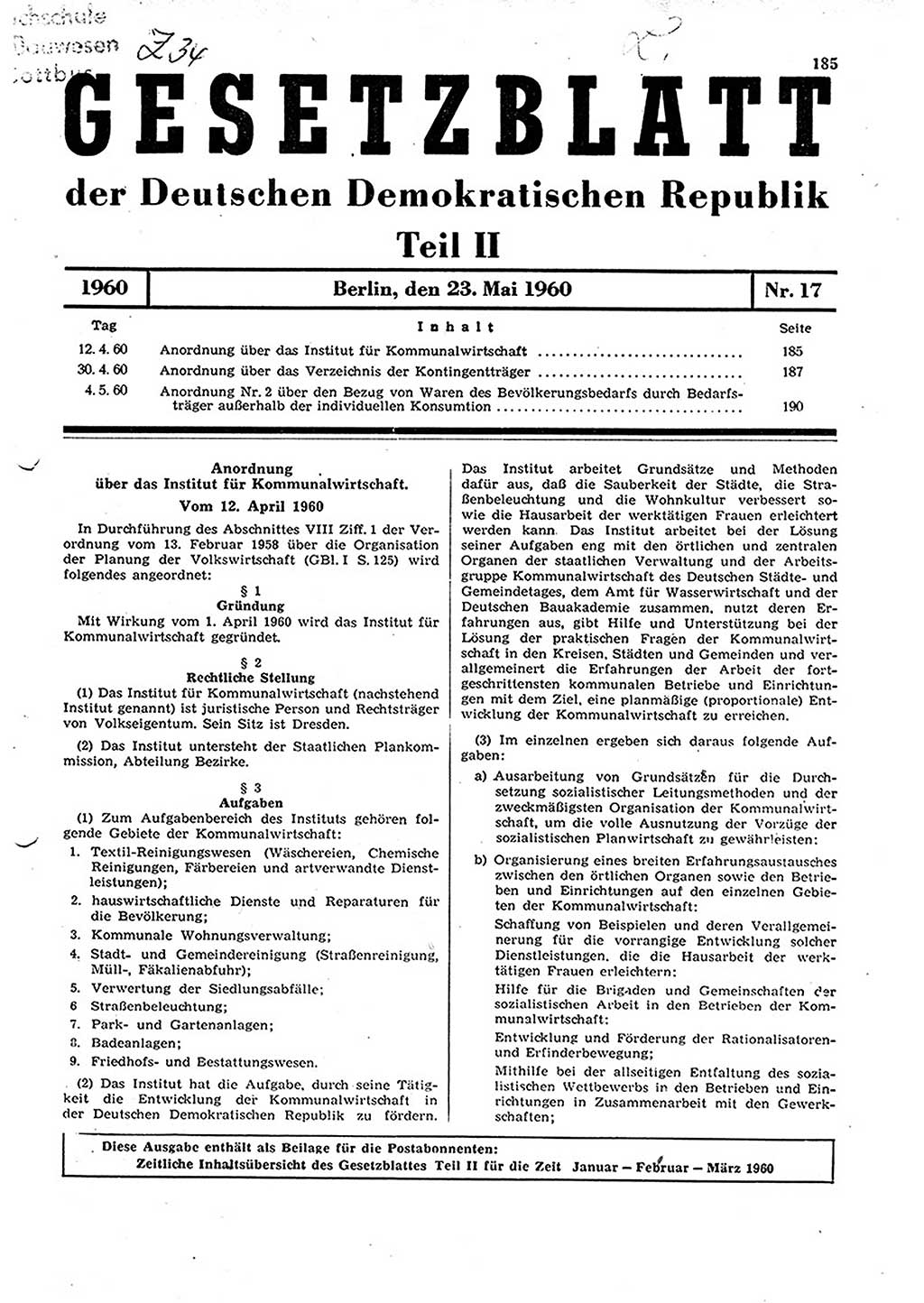 Gesetzblatt (GBl.) der Deutschen Demokratischen Republik (DDR) Teil ⅠⅠ 1960, Seite 185 (GBl. DDR ⅠⅠ 1960, S. 185)
