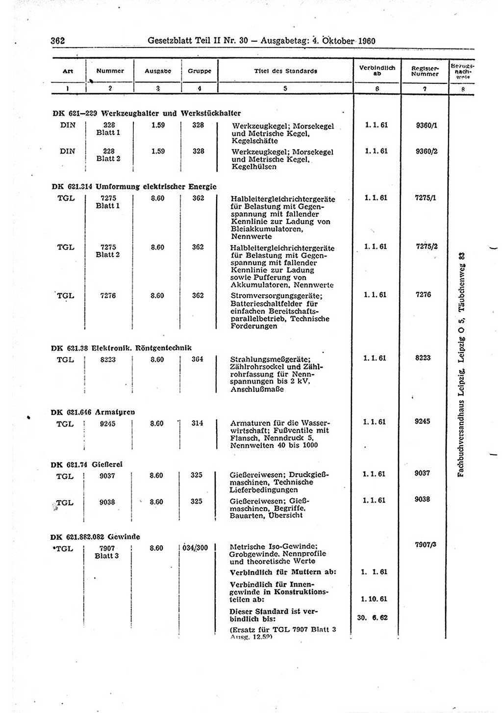 Gesetzblatt (GBl.) der Deutschen Demokratischen Republik (DDR) Teil ⅠⅠ 1960, Seite 362 (GBl. DDR ⅠⅠ 1960, S. 362)