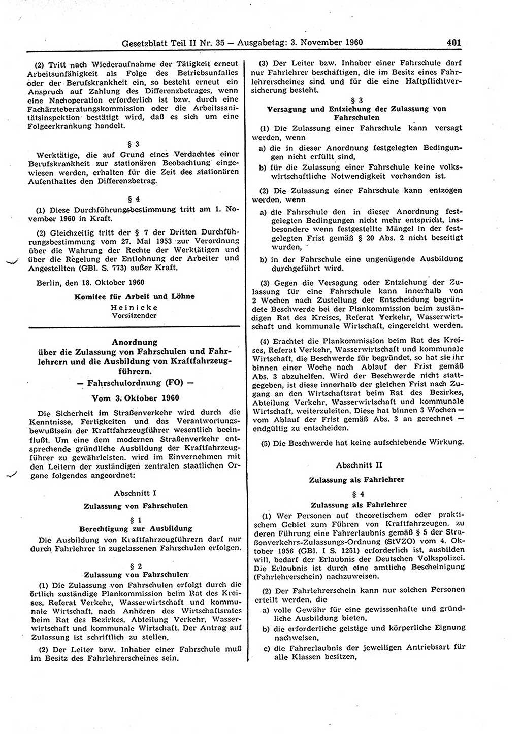 Gesetzblatt (GBl.) der Deutschen Demokratischen Republik (DDR) Teil ⅠⅠ 1960, Seite 401 (GBl. DDR ⅠⅠ 1960, S. 401)