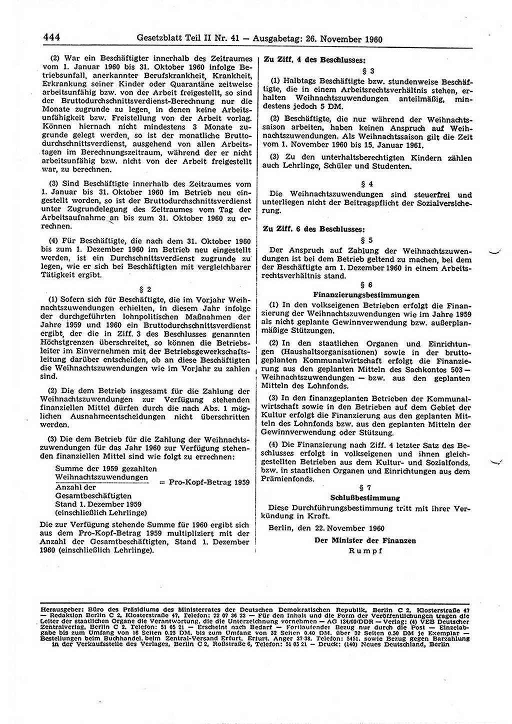 Gesetzblatt (GBl.) der Deutschen Demokratischen Republik (DDR) Teil ⅠⅠ 1960, Seite 444 (GBl. DDR ⅠⅠ 1960, S. 444)