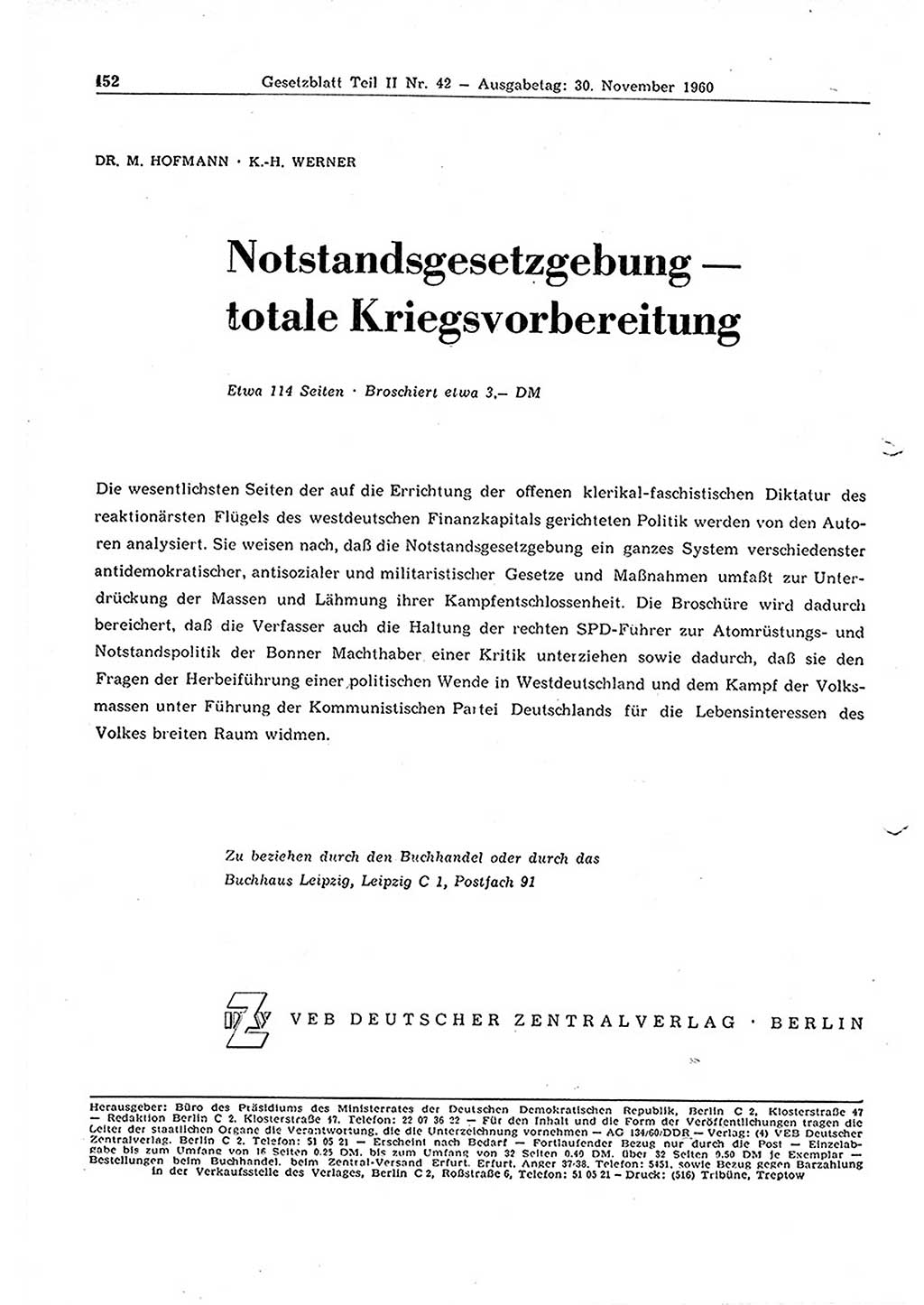 Gesetzblatt (GBl.) der Deutschen Demokratischen Republik (DDR) Teil ⅠⅠ 1960, Seite 452 (GBl. DDR ⅠⅠ 1960, S. 452)