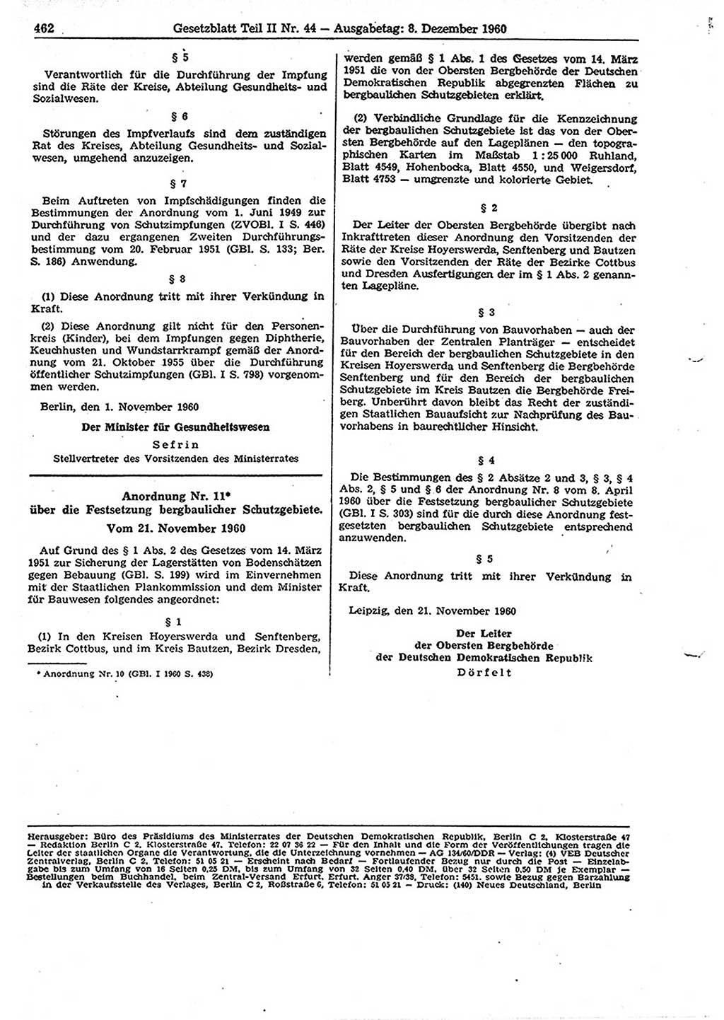 Gesetzblatt (GBl.) der Deutschen Demokratischen Republik (DDR) Teil ⅠⅠ 1960, Seite 462 (GBl. DDR ⅠⅠ 1960, S. 462)