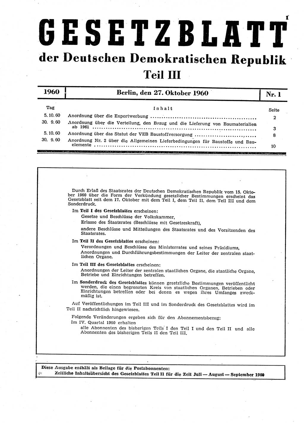 Gesetzblatt (GBl.) der Deutschen Demokratischen Republik (DDR) Teil ⅠⅠⅠ 1960, Seite 1 (GBl. DDR ⅠⅠⅠ 1960, S. 1)