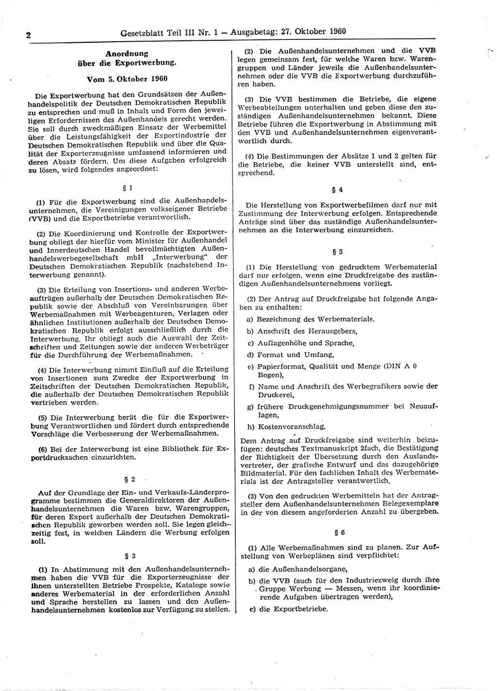 Gesetzblatt (GBl.) der Deutschen Demokratischen Republik (DDR) Teil ⅠⅠⅠ 1960, Seite 2 (GBl. DDR ⅠⅠⅠ 1960, S. 2)