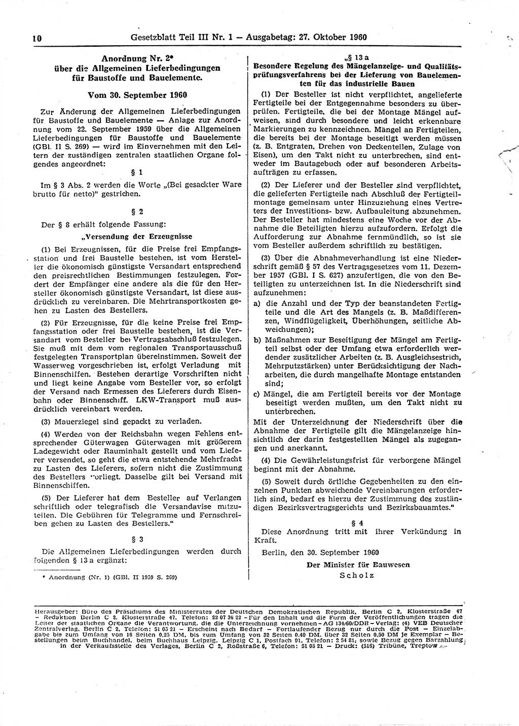 Gesetzblatt (GBl.) der Deutschen Demokratischen Republik (DDR) Teil ⅠⅠⅠ 1960, Seite 10 (GBl. DDR ⅠⅠⅠ 1960, S. 10)