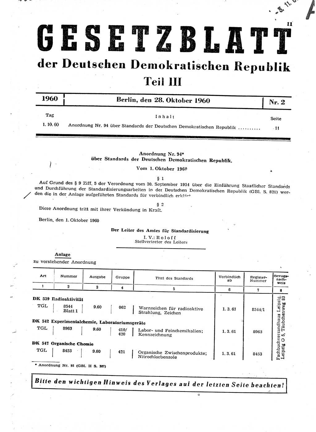 Gesetzblatt (GBl.) der Deutschen Demokratischen Republik (DDR) Teil ⅠⅠⅠ 1960, Seite 11 (GBl. DDR ⅠⅠⅠ 1960, S. 11)