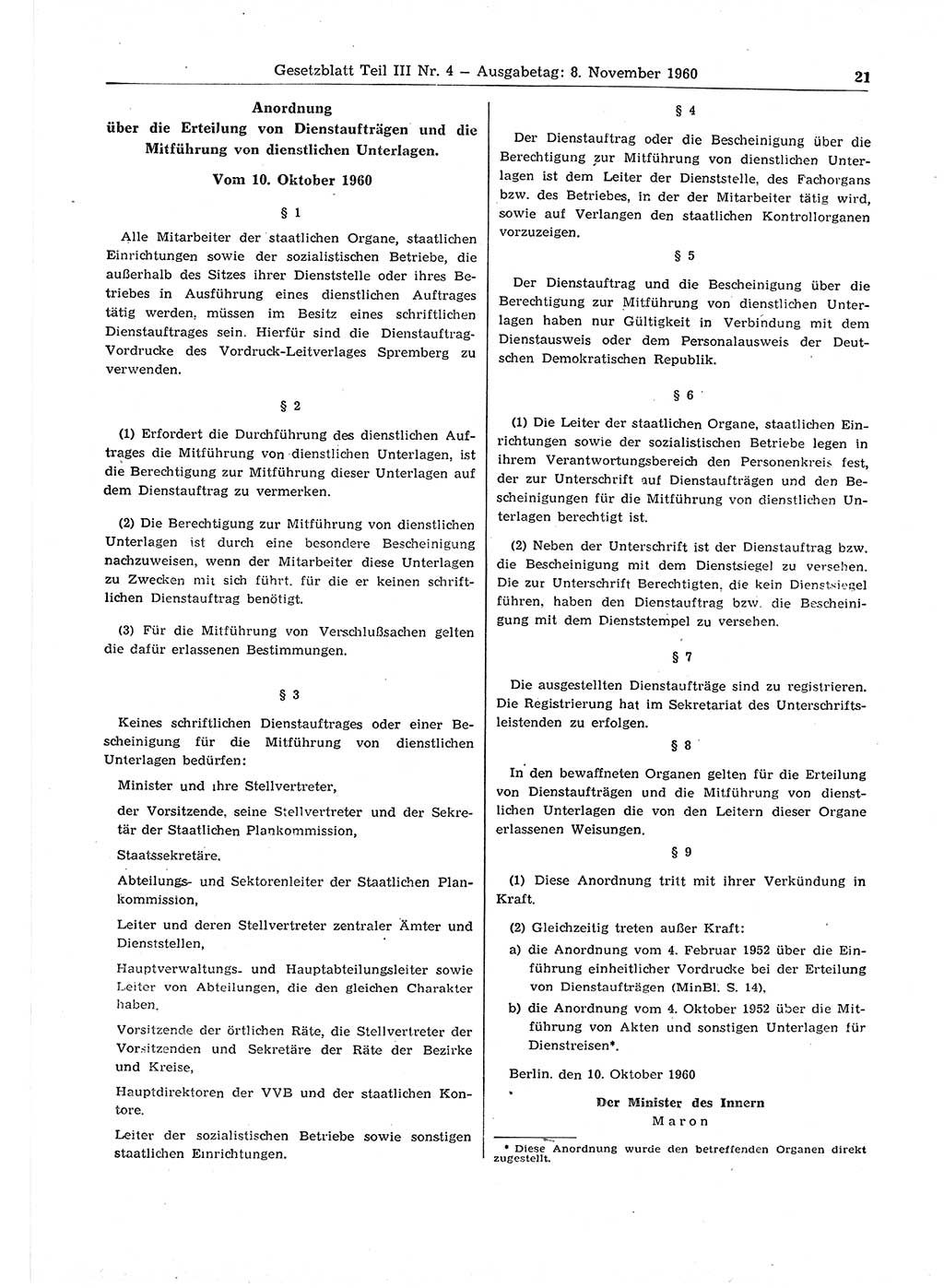 Gesetzblatt (GBl.) der Deutschen Demokratischen Republik (DDR) Teil ⅠⅠⅠ 1960, Seite 21 (GBl. DDR ⅠⅠⅠ 1960, S. 21)