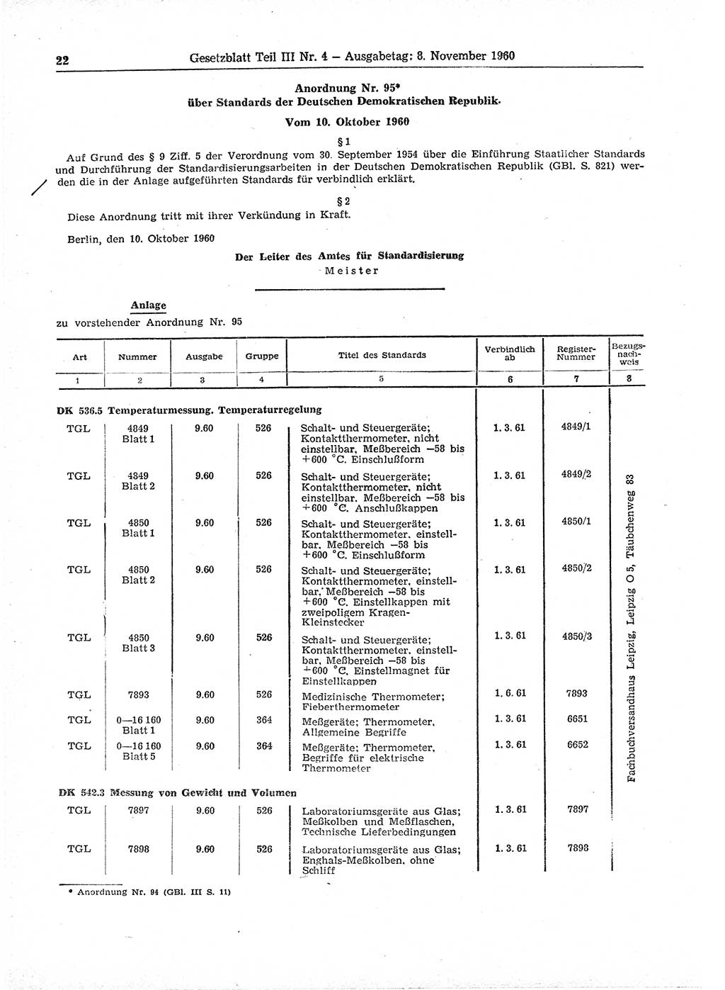 Gesetzblatt (GBl.) der Deutschen Demokratischen Republik (DDR) Teil ⅠⅠⅠ 1960, Seite 22 (GBl. DDR ⅠⅠⅠ 1960, S. 22)