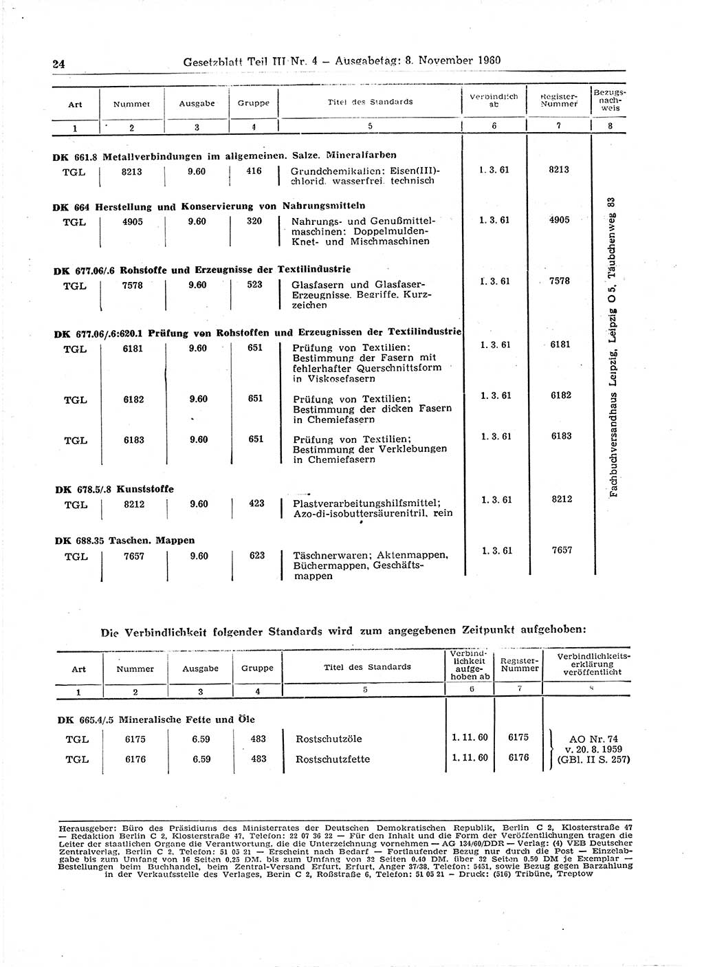 Gesetzblatt (GBl.) der Deutschen Demokratischen Republik (DDR) Teil ⅠⅠⅠ 1960, Seite 24 (GBl. DDR ⅠⅠⅠ 1960, S. 24)