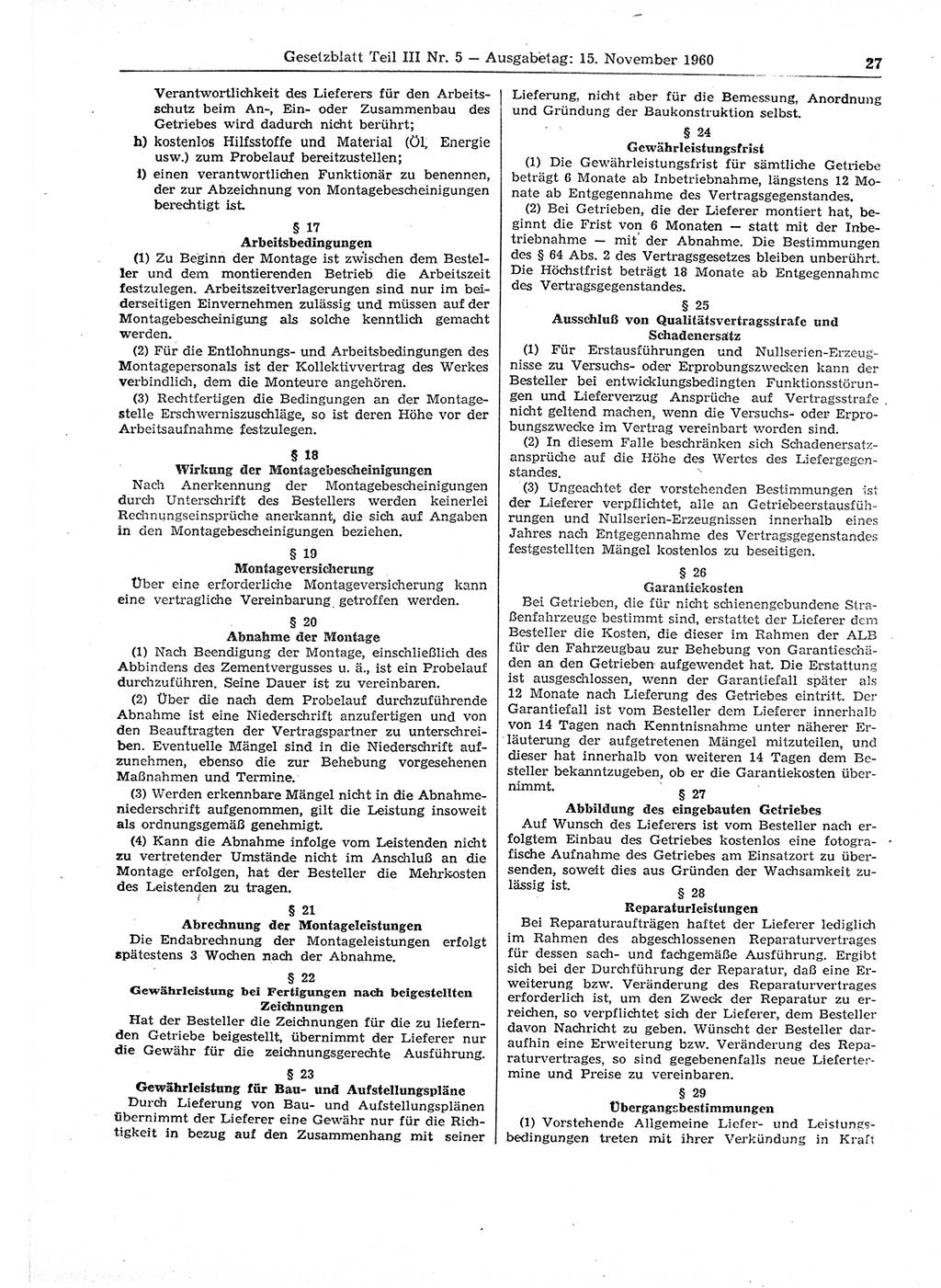 Gesetzblatt (GBl.) der Deutschen Demokratischen Republik (DDR) Teil ⅠⅠⅠ 1960, Seite 27 (GBl. DDR ⅠⅠⅠ 1960, S. 27)