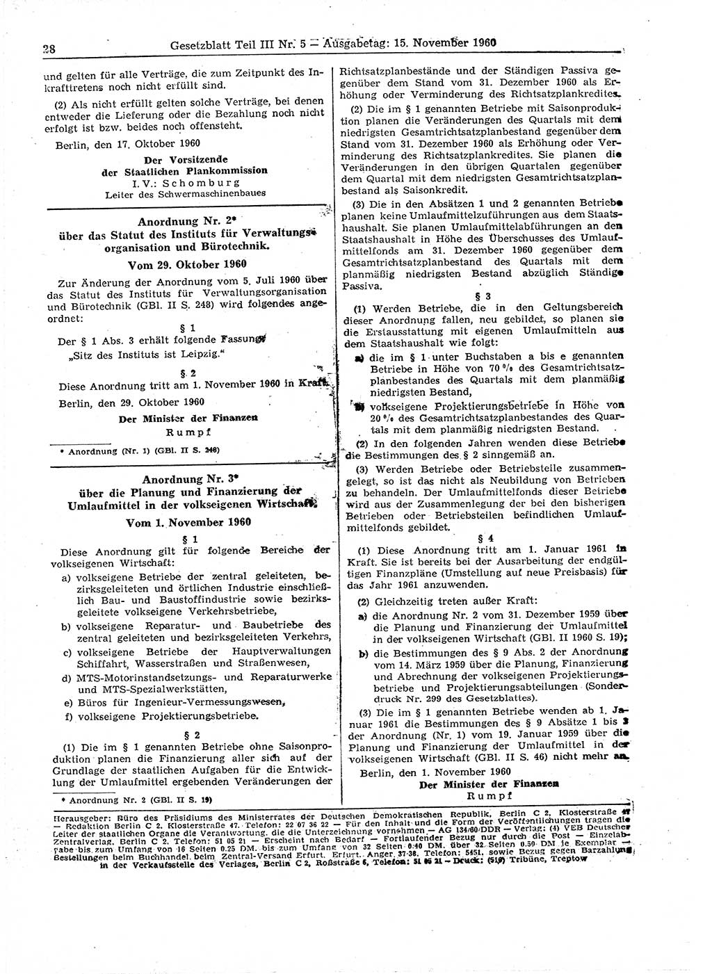 Gesetzblatt (GBl.) der Deutschen Demokratischen Republik (DDR) Teil ⅠⅠⅠ 1960, Seite 28 (GBl. DDR ⅠⅠⅠ 1960, S. 28)