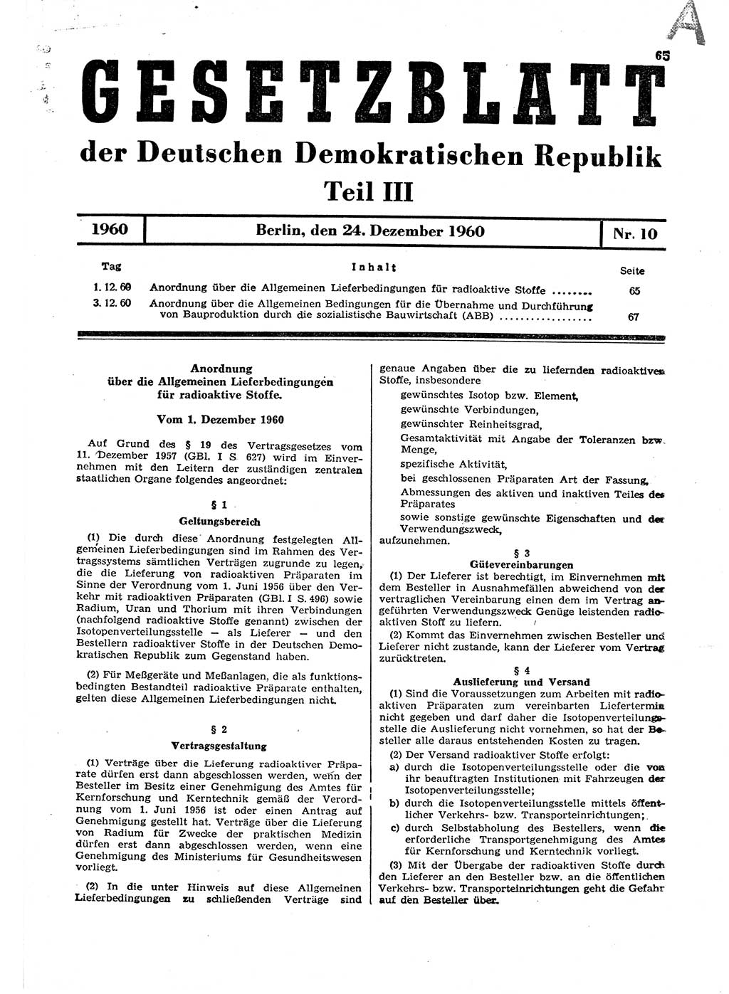 Gesetzblatt (GBl.) der Deutschen Demokratischen Republik (DDR) Teil ⅠⅠⅠ 1960, Seite 65 (GBl. DDR ⅠⅠⅠ 1960, S. 65)