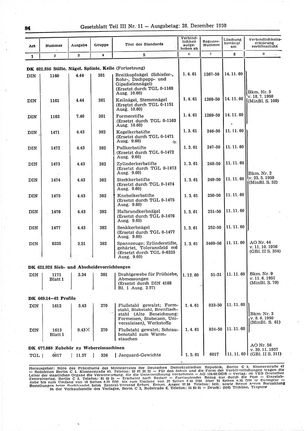 Gesetzblatt (GBl.) der Deutschen Demokratischen Republik (DDR) Teil ⅠⅠⅠ 1960, Seite 84 (GBl. DDR ⅠⅠⅠ 1960, S. 84)