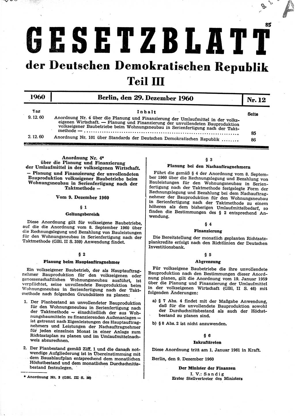 Gesetzblatt (GBl.) der Deutschen Demokratischen Republik (DDR) Teil ⅠⅠⅠ 1960, Seite 85 (GBl. DDR ⅠⅠⅠ 1960, S. 85)