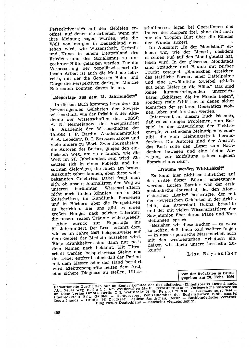 Neuer Weg (NW), Organ des Zentralkomitees (ZK) der SED (Sozialistische Einheitspartei Deutschlands) für Fragen des Parteilebens, 15. Jahrgang [Deutsche Demokratische Republik (DDR)] 1960, Seite 408 (NW ZK SED DDR 1960, S. 408)