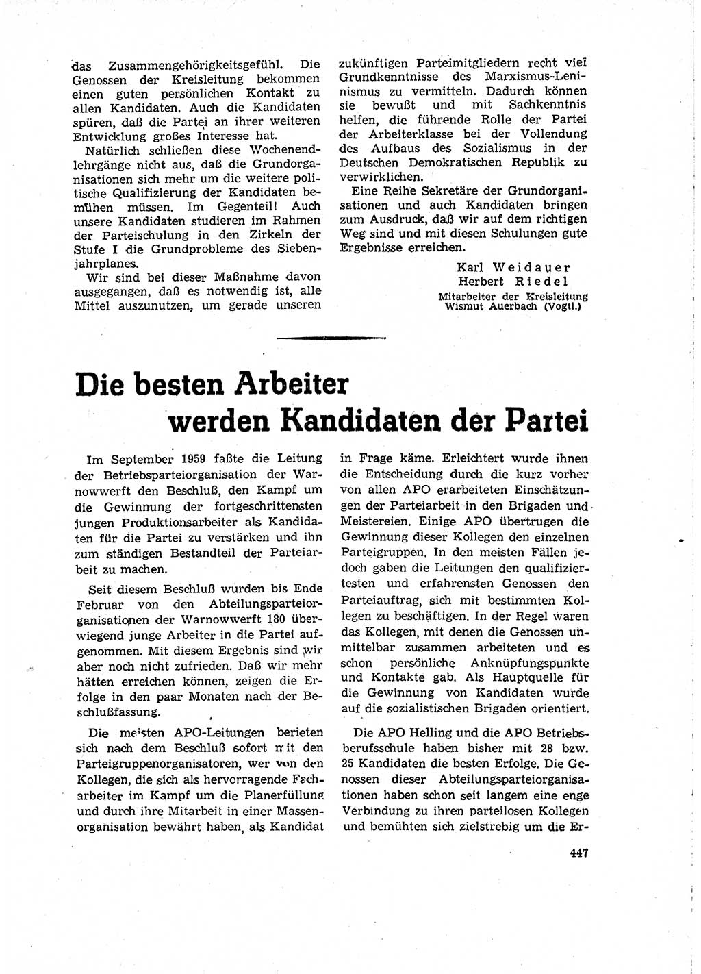 Neuer Weg (NW), Organ des Zentralkomitees (ZK) der SED (Sozialistische Einheitspartei Deutschlands) für Fragen des Parteilebens, 15. Jahrgang [Deutsche Demokratische Republik (DDR)] 1960, Seite 447 (NW ZK SED DDR 1960, S. 447)