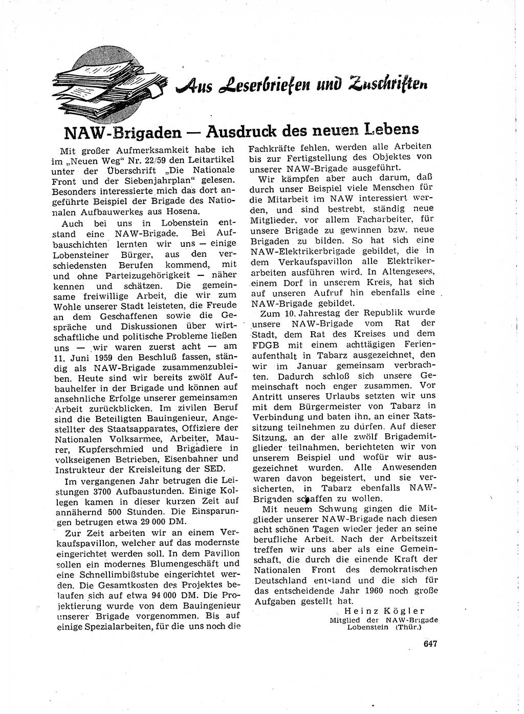 Neuer Weg (NW), Organ des Zentralkomitees (ZK) der SED (Sozialistische Einheitspartei Deutschlands) für Fragen des Parteilebens, 15. Jahrgang [Deutsche Demokratische Republik (DDR)] 1960, Seite 647 (NW ZK SED DDR 1960, S. 647)