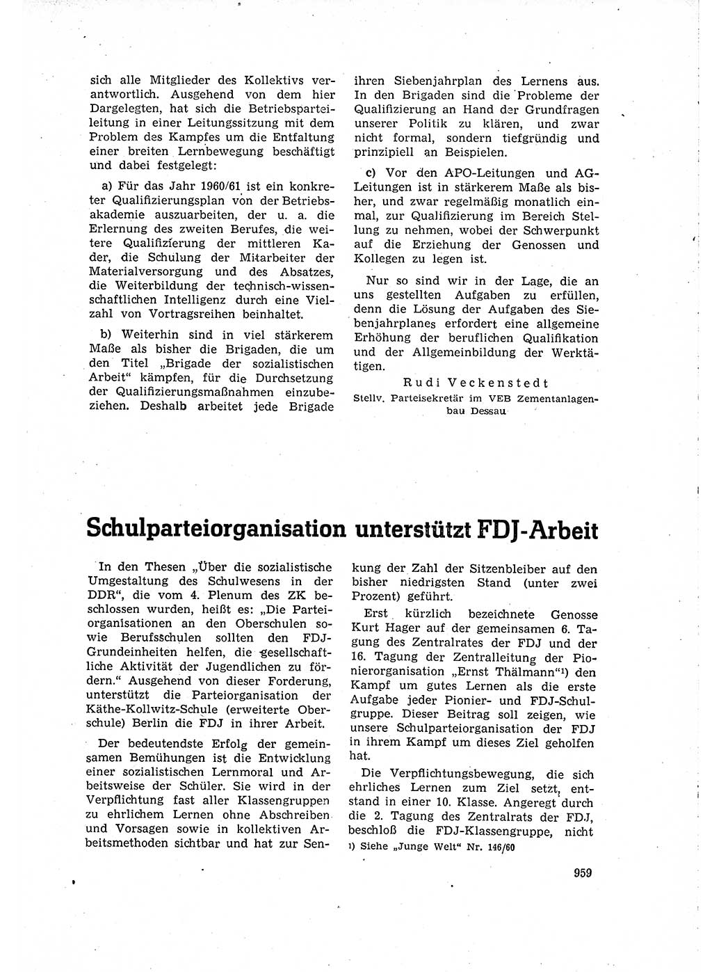 Neuer Weg (NW), Organ des Zentralkomitees (ZK) der SED (Sozialistische Einheitspartei Deutschlands) für Fragen des Parteilebens, 15. Jahrgang [Deutsche Demokratische Republik (DDR)] 1960, Seite 959 (NW ZK SED DDR 1960, S. 959)