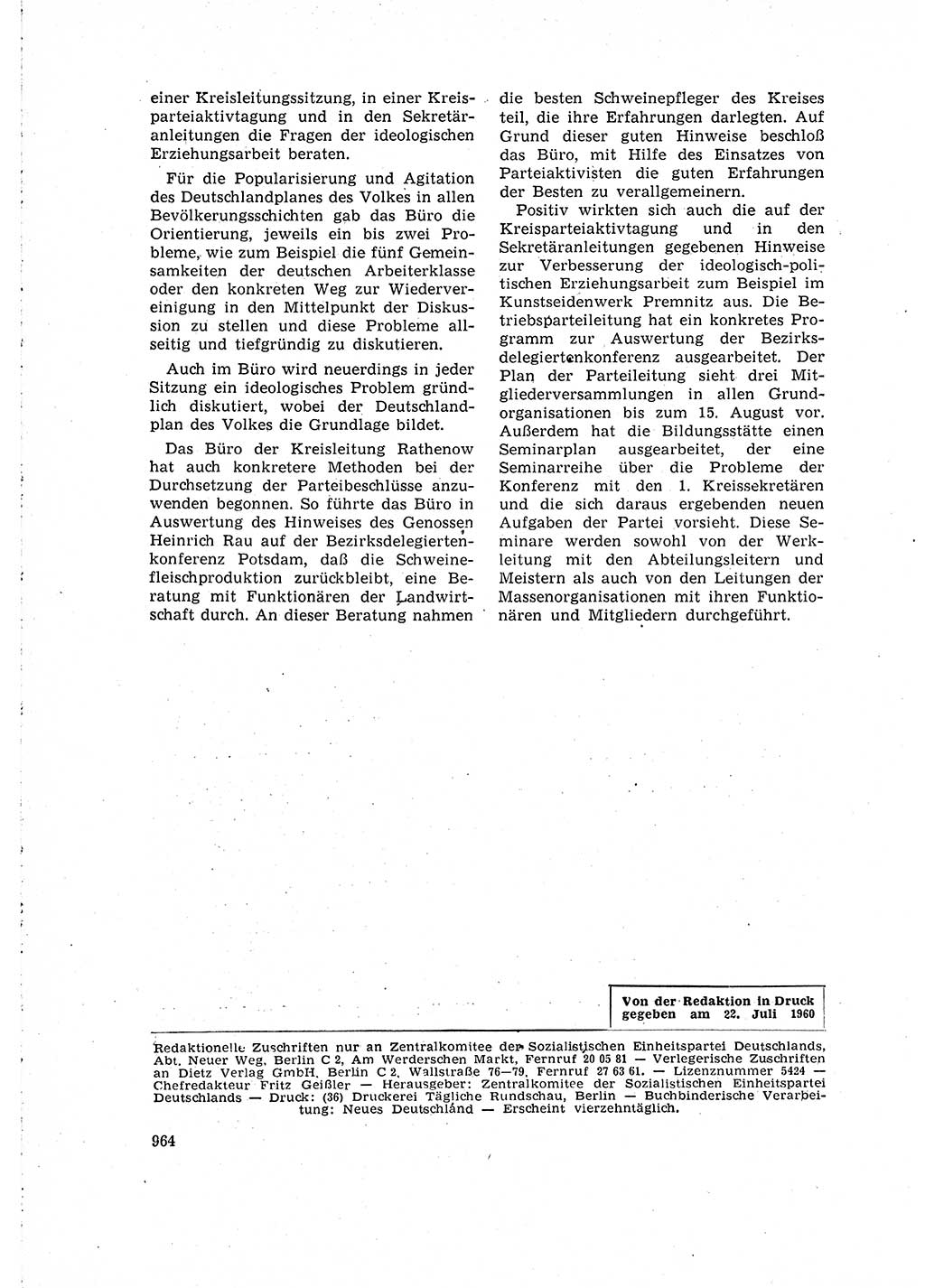 Neuer Weg (NW), Organ des Zentralkomitees (ZK) der SED (Sozialistische Einheitspartei Deutschlands) für Fragen des Parteilebens, 15. Jahrgang [Deutsche Demokratische Republik (DDR)] 1960, Seite 964 (NW ZK SED DDR 1960, S. 964)