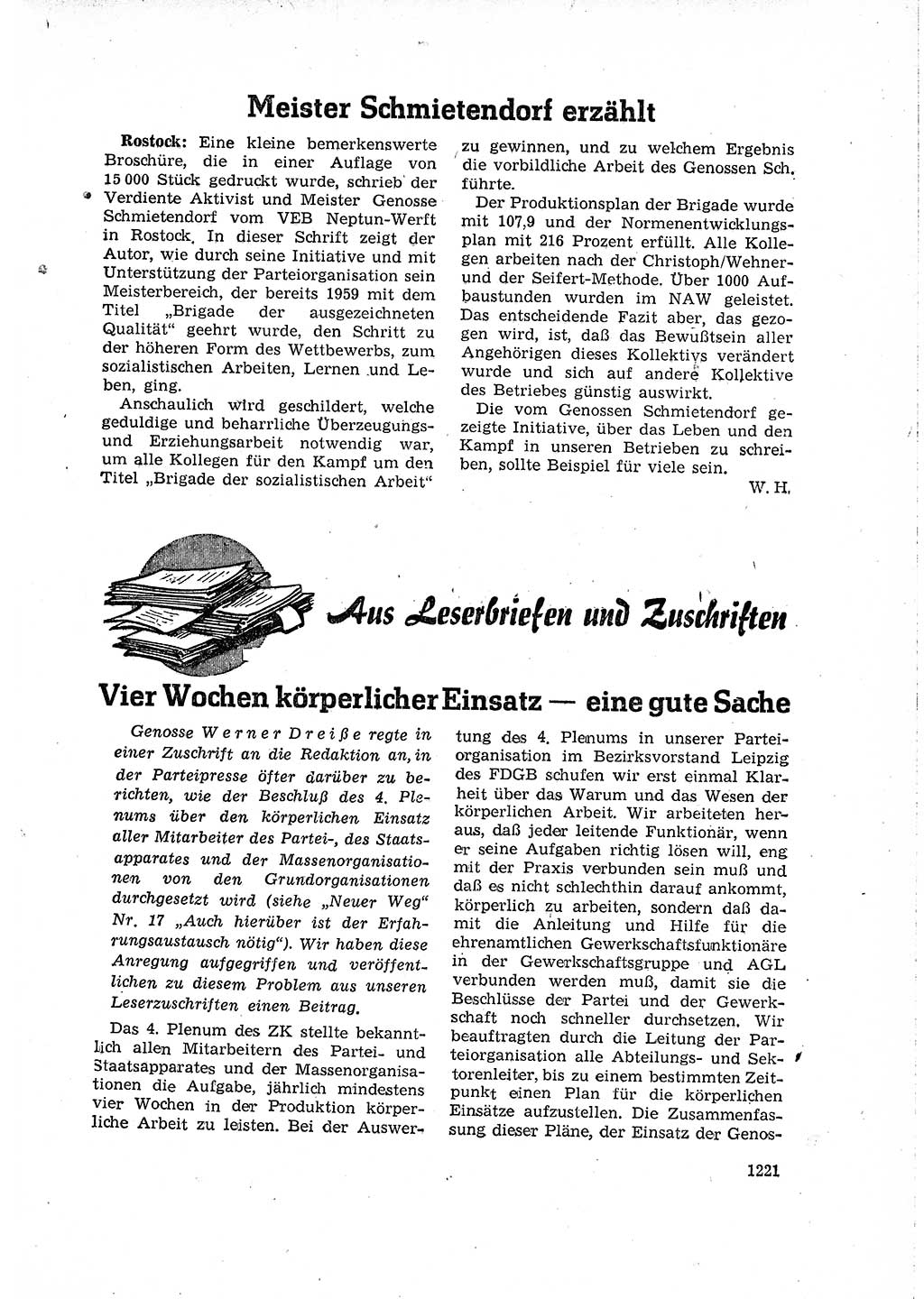 Neuer Weg (NW), Organ des Zentralkomitees (ZK) der SED (Sozialistische Einheitspartei Deutschlands) für Fragen des Parteilebens, 15. Jahrgang [Deutsche Demokratische Republik (DDR)] 1960, Seite 1221 (NW ZK SED DDR 1960, S. 1221)