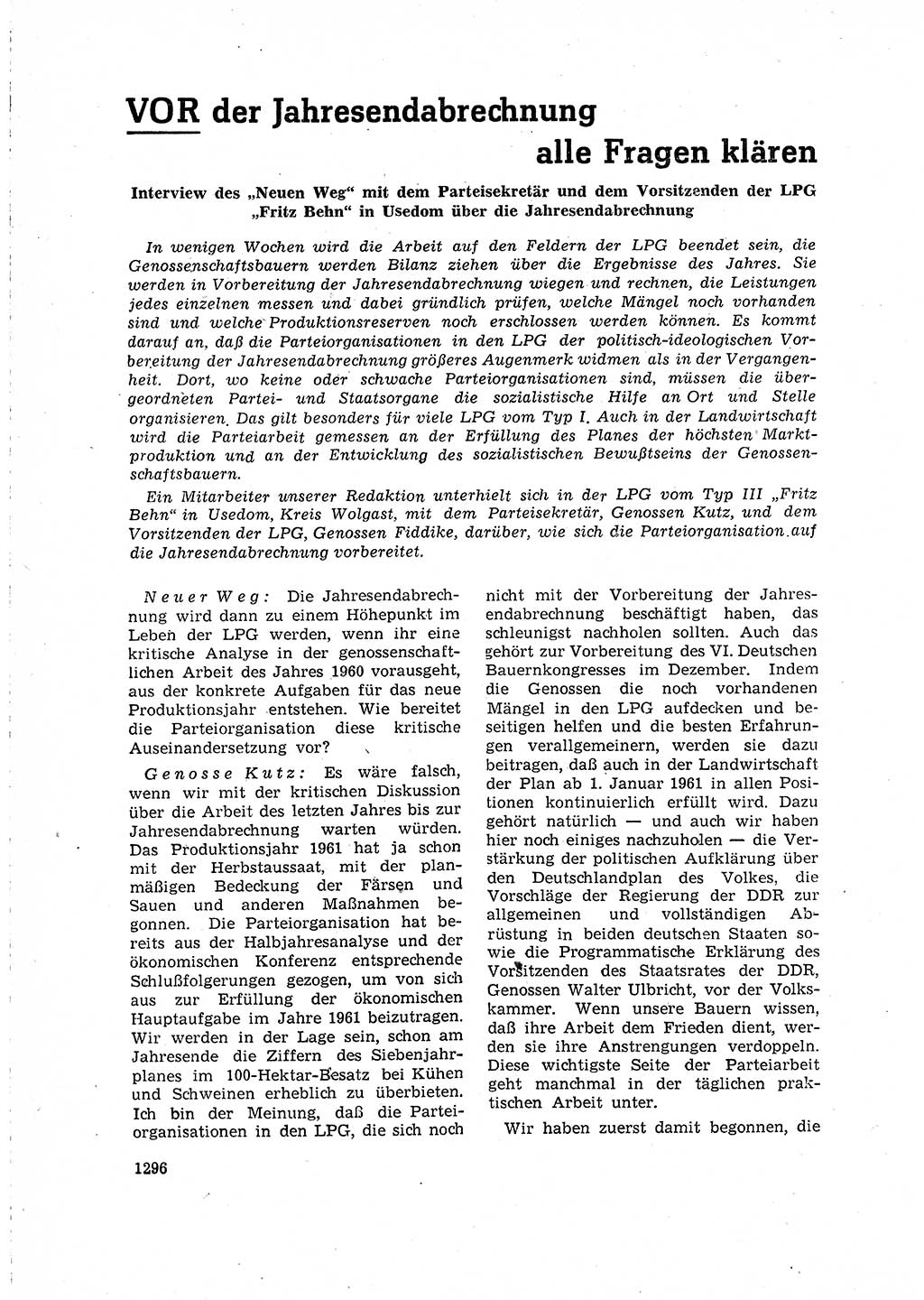 Neuer Weg (NW), Organ des Zentralkomitees (ZK) der SED (Sozialistische Einheitspartei Deutschlands) für Fragen des Parteilebens, 15. Jahrgang [Deutsche Demokratische Republik (DDR)] 1960, Seite 1296 (NW ZK SED DDR 1960, S. 1296)