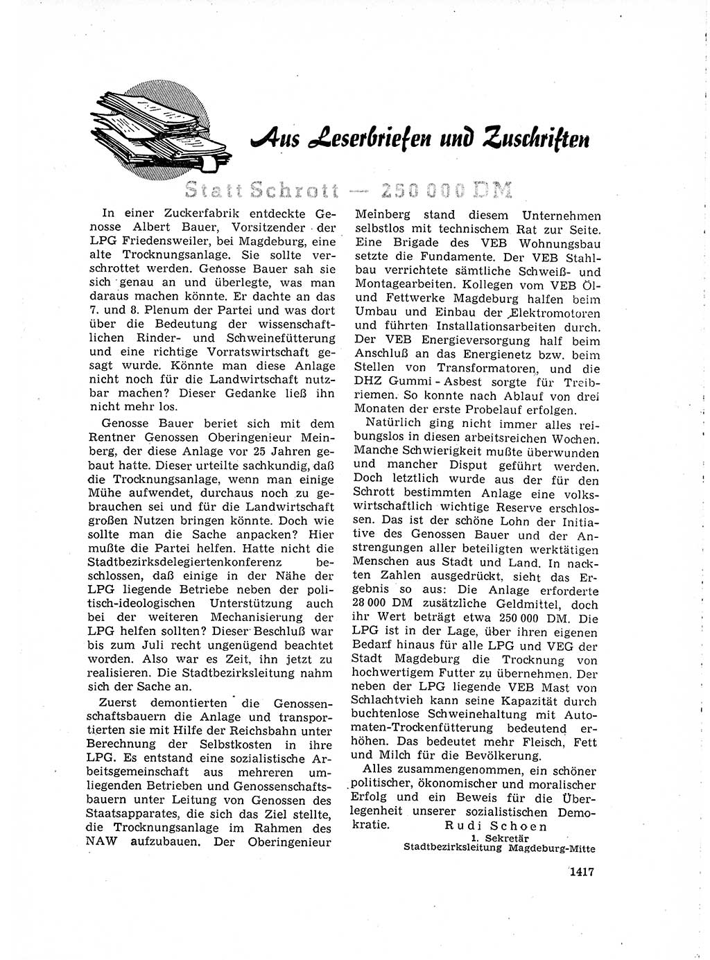 Neuer Weg (NW), Organ des Zentralkomitees (ZK) der SED (Sozialistische Einheitspartei Deutschlands) für Fragen des Parteilebens, 15. Jahrgang [Deutsche Demokratische Republik (DDR)] 1960, Seite 1417 (NW ZK SED DDR 1960, S. 1417)