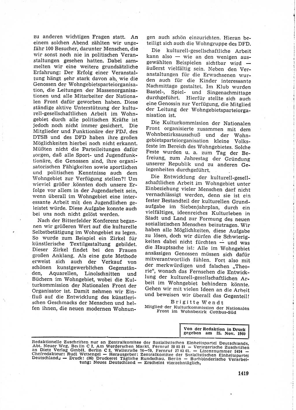 Neuer Weg (NW), Organ des Zentralkomitees (ZK) der SED (Sozialistische Einheitspartei Deutschlands) für Fragen des Parteilebens, 15. Jahrgang [Deutsche Demokratische Republik (DDR)] 1960, Seite 1419 (NW ZK SED DDR 1960, S. 1419)