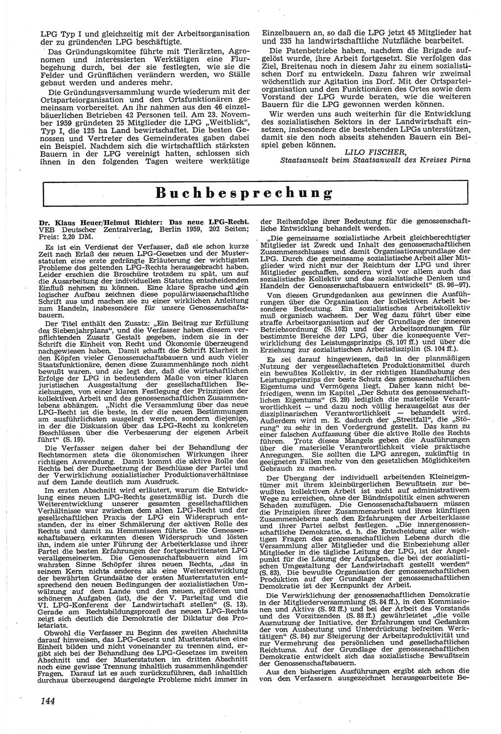Neue Justiz (NJ), Zeitschrift für Recht und Rechtswissenschaft [Deutsche Demokratische Republik (DDR)], 14. Jahrgang 1960, Seite 144 (NJ DDR 1960, S. 144)
