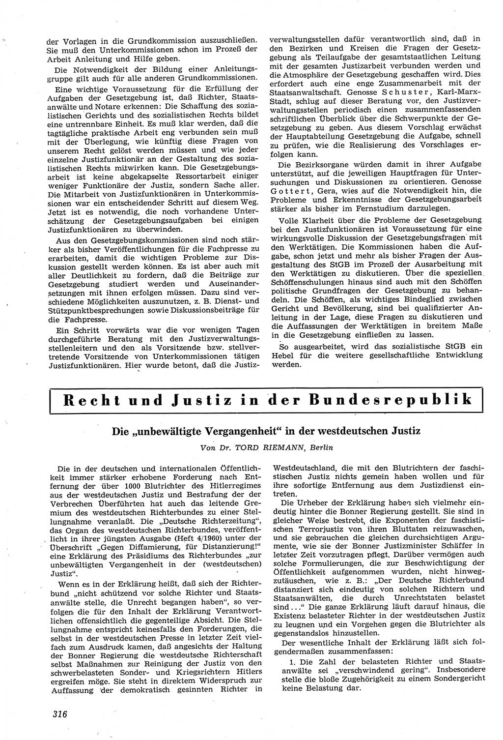 Neue Justiz (NJ), Zeitschrift für Recht und Rechtswissenschaft [Deutsche Demokratische Republik (DDR)], 14. Jahrgang 1960, Seite 316 (NJ DDR 1960, S. 316)