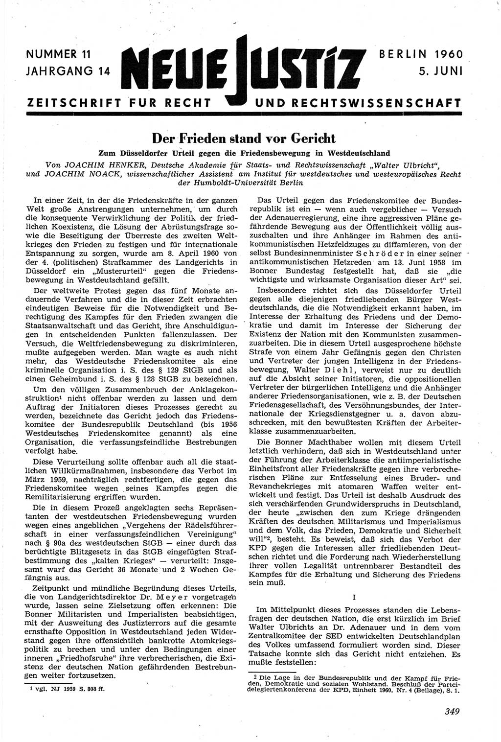 Neue Justiz (NJ), Zeitschrift für Recht und Rechtswissenschaft [Deutsche Demokratische Republik (DDR)], 14. Jahrgang 1960, Seite 349 (NJ DDR 1960, S. 349)