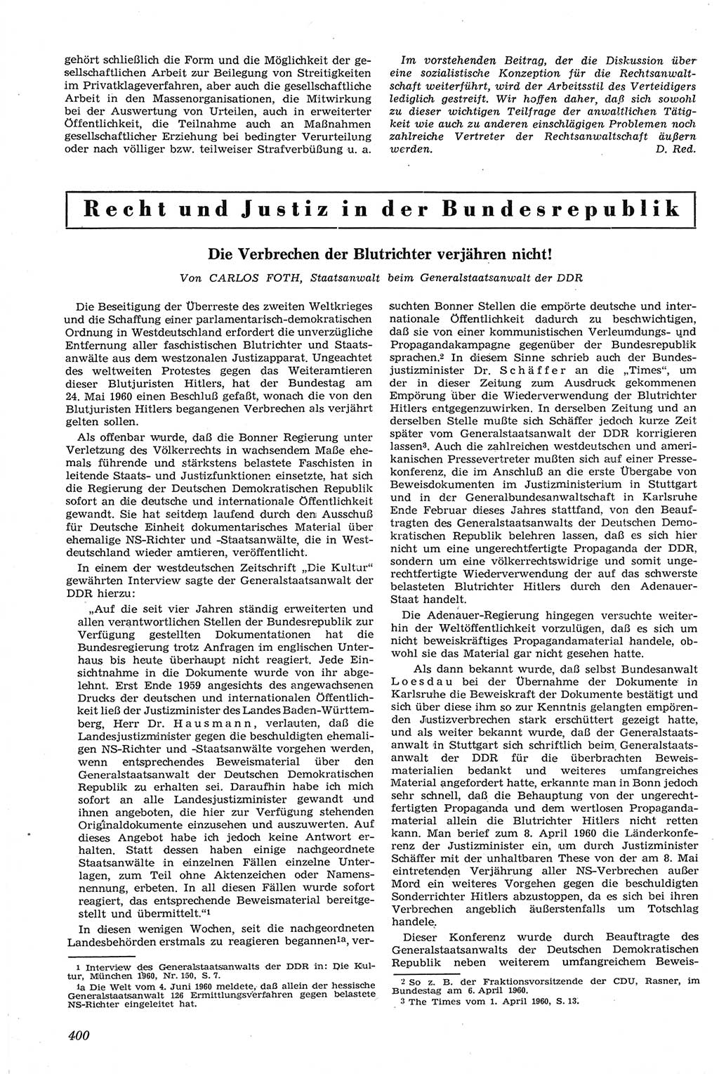 Neue Justiz (NJ), Zeitschrift für Recht und Rechtswissenschaft [Deutsche Demokratische Republik (DDR)], 14. Jahrgang 1960, Seite 400 (NJ DDR 1960, S. 400)