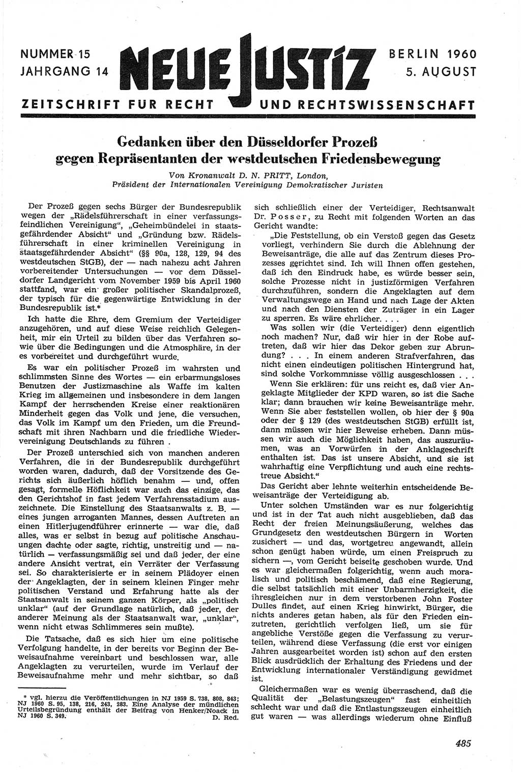 Neue Justiz (NJ), Zeitschrift für Recht und Rechtswissenschaft [Deutsche Demokratische Republik (DDR)], 14. Jahrgang 1960, Seite 485 (NJ DDR 1960, S. 485)