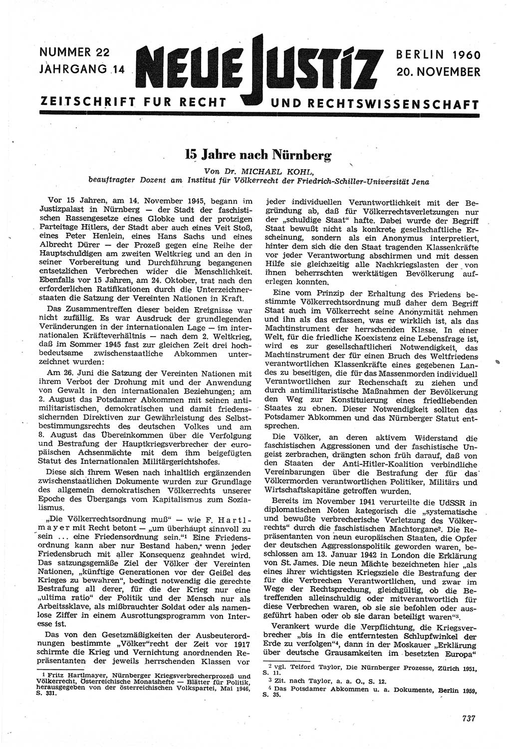 Neue Justiz (NJ), Zeitschrift für Recht und Rechtswissenschaft [Deutsche Demokratische Republik (DDR)], 14. Jahrgang 1960, Seite 737 (NJ DDR 1960, S. 737)