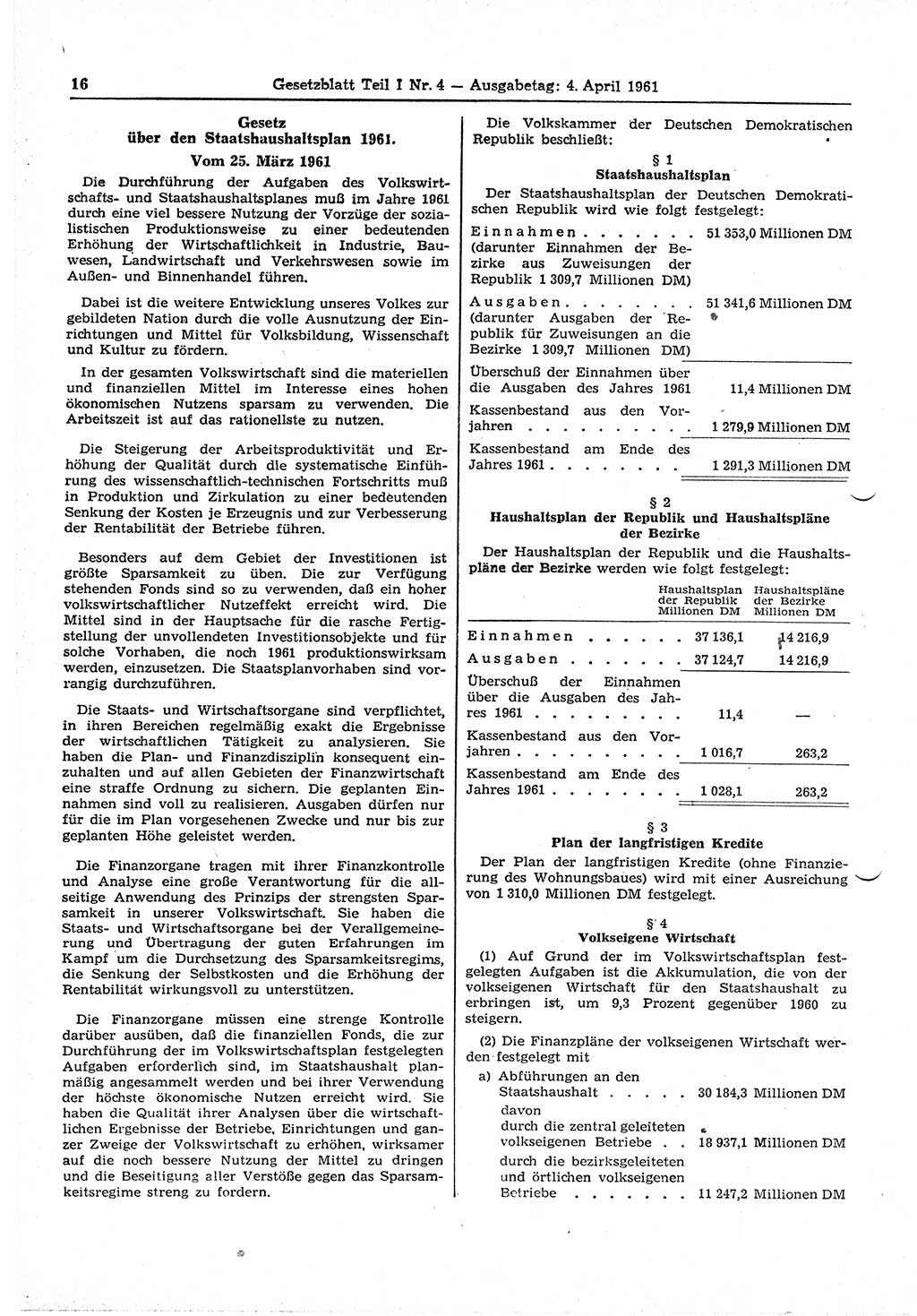 Gesetzblatt (GBl.) der Deutschen Demokratischen Republik (DDR) Teil Ⅰ 1961, Seite 16 (GBl. DDR Ⅰ 1961, S. 16)