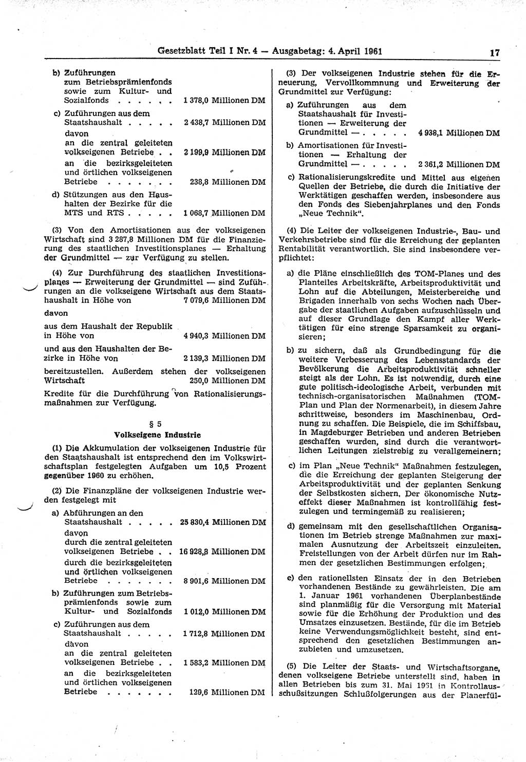 Gesetzblatt (GBl.) der Deutschen Demokratischen Republik (DDR) Teil Ⅰ 1961, Seite 17 (GBl. DDR Ⅰ 1961, S. 17)