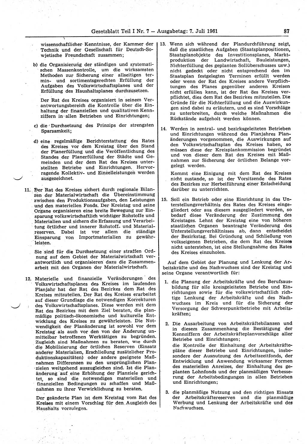 Gesetzblatt (GBl.) der Deutschen Demokratischen Republik (DDR) Teil Ⅰ 1961, Seite 87 (GBl. DDR Ⅰ 1961, S. 87)