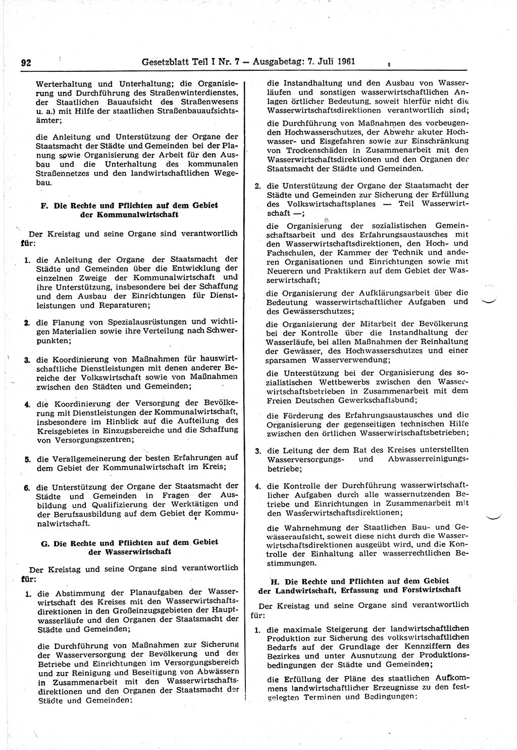 Gesetzblatt (GBl.) der Deutschen Demokratischen Republik (DDR) Teil Ⅰ 1961, Seite 92 (GBl. DDR Ⅰ 1961, S. 92)