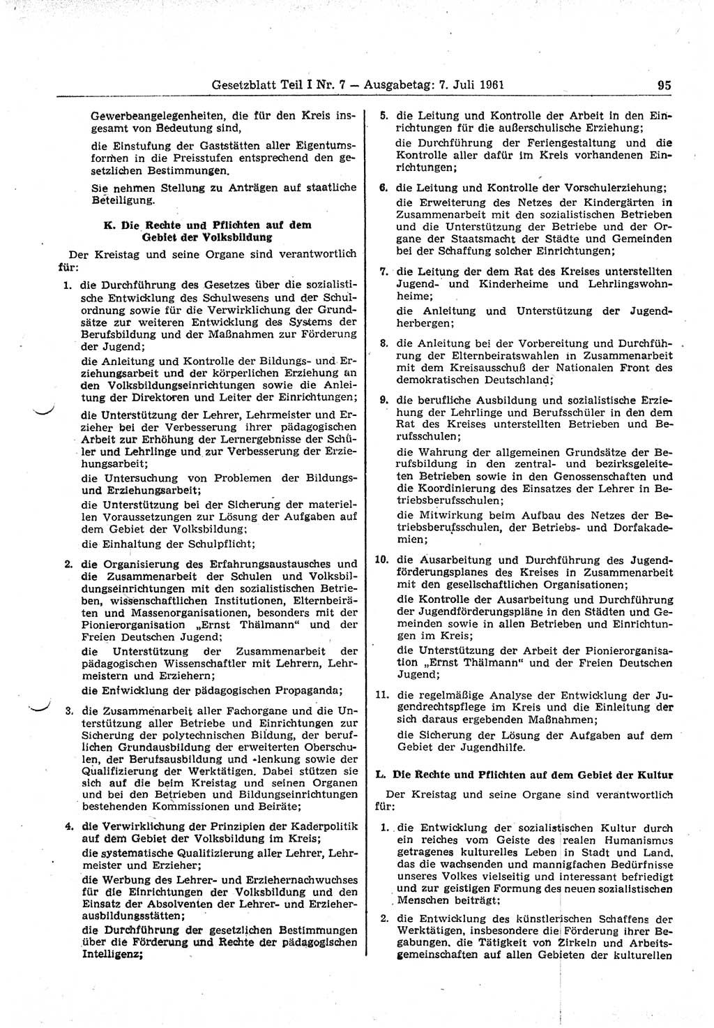 Gesetzblatt (GBl.) der Deutschen Demokratischen Republik (DDR) Teil Ⅰ 1961, Seite 95 (GBl. DDR Ⅰ 1961, S. 95)